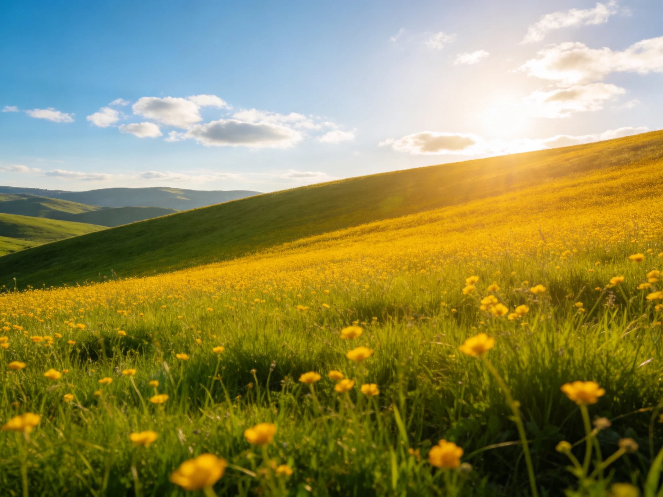 Rolling green hills blanketed with golden wildflowers under a bright sun