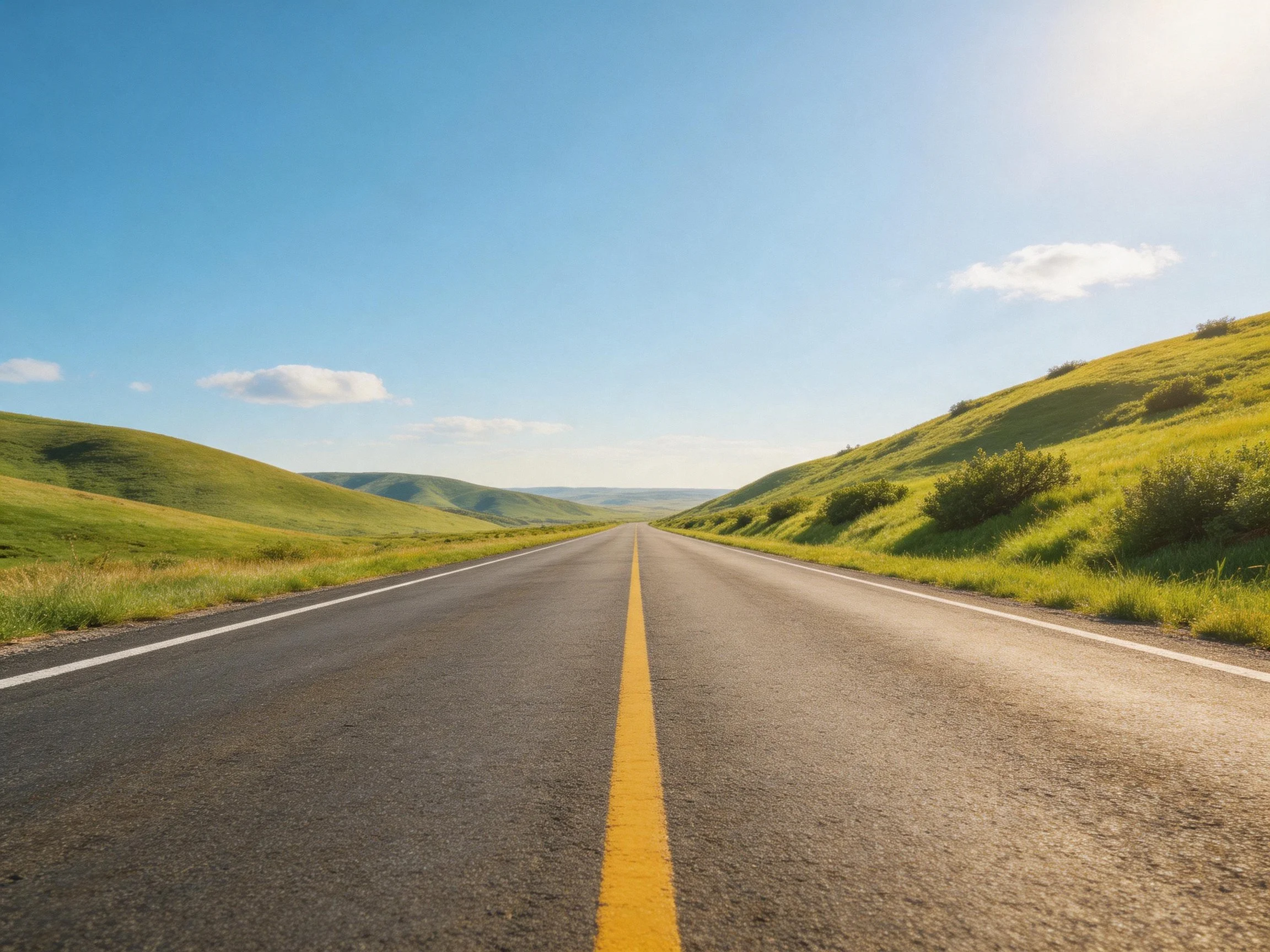 Rolling green hills flank a long asphalt road under bright blue sky