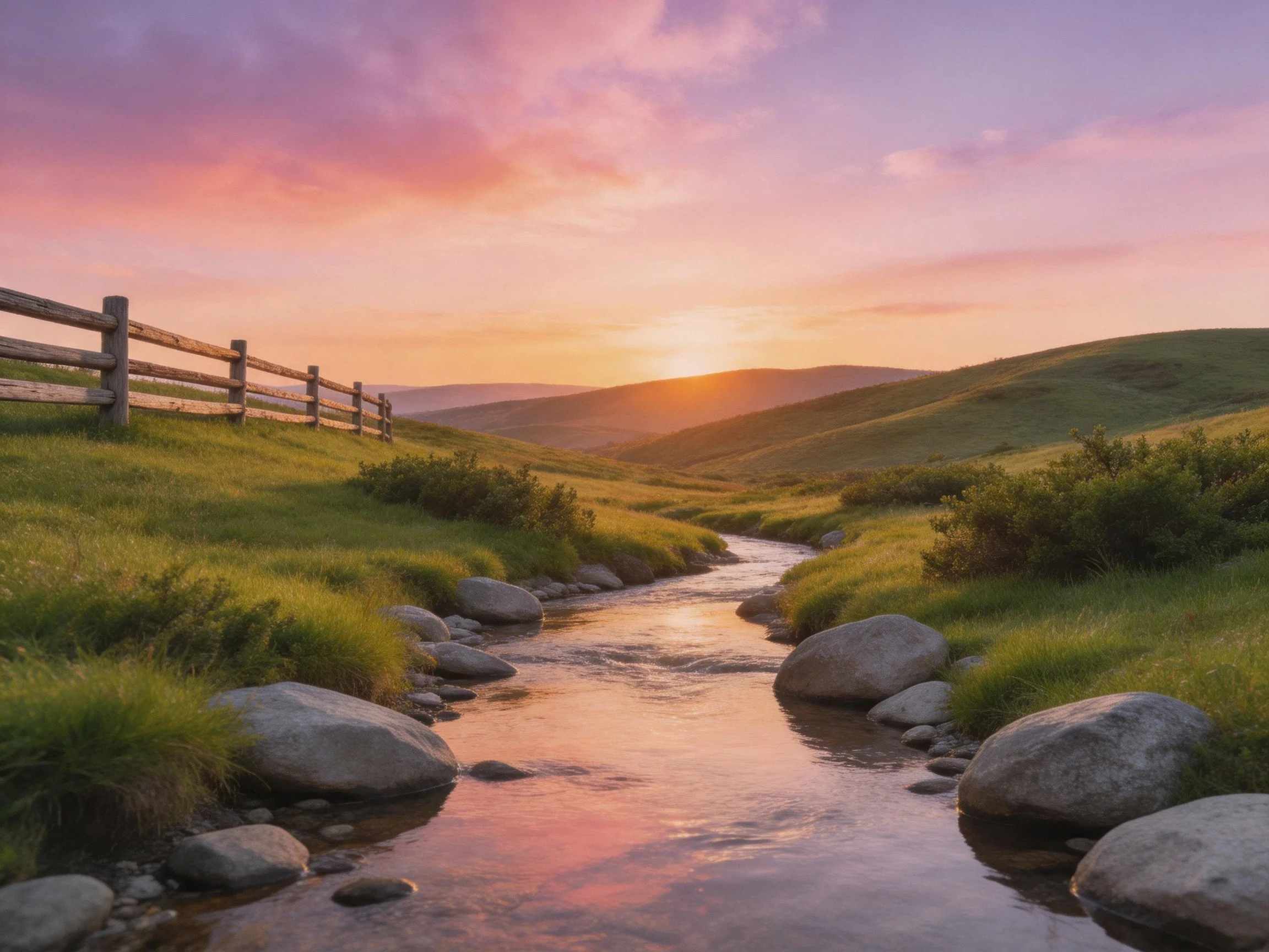 Rolling green hills frame a rocky stream beneath a vibrant sunset sky.