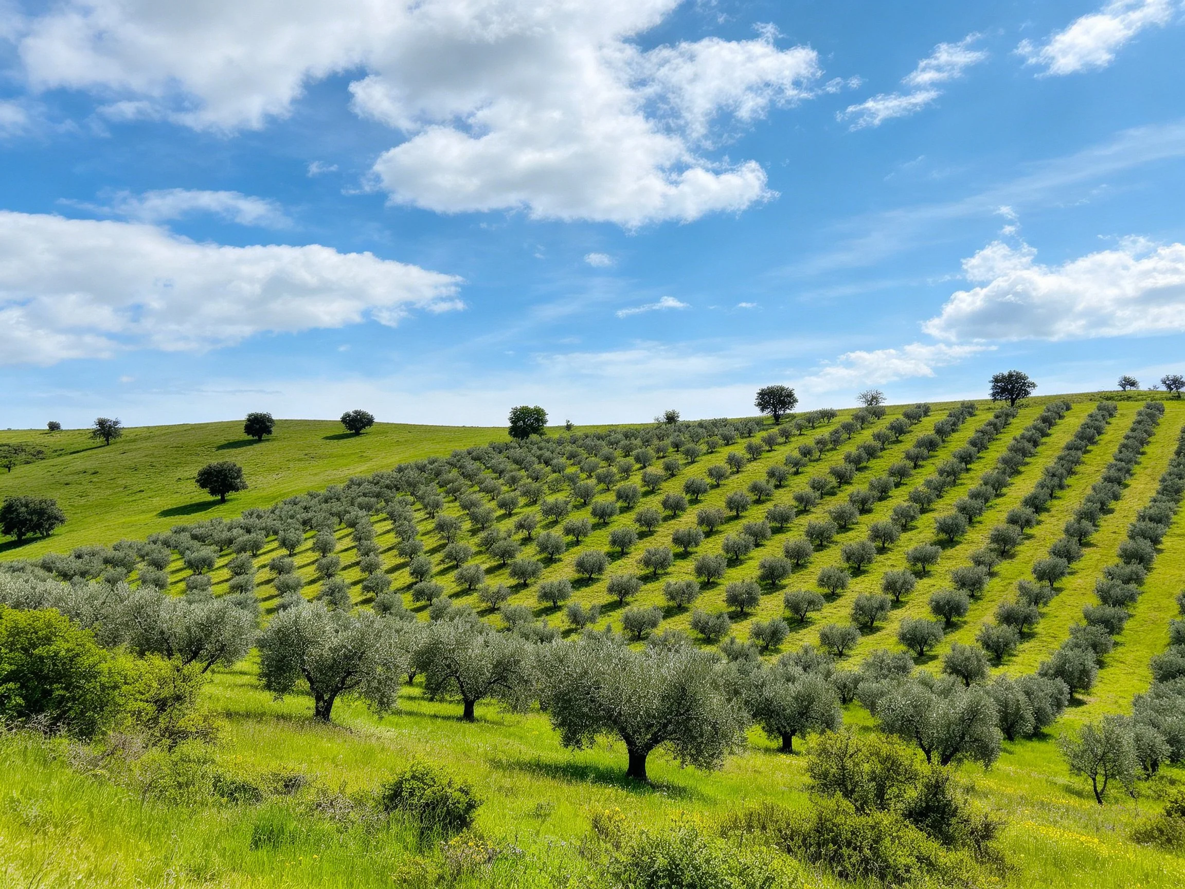 Rolling green hills host dense olive tree plantations beneath bright blue sky