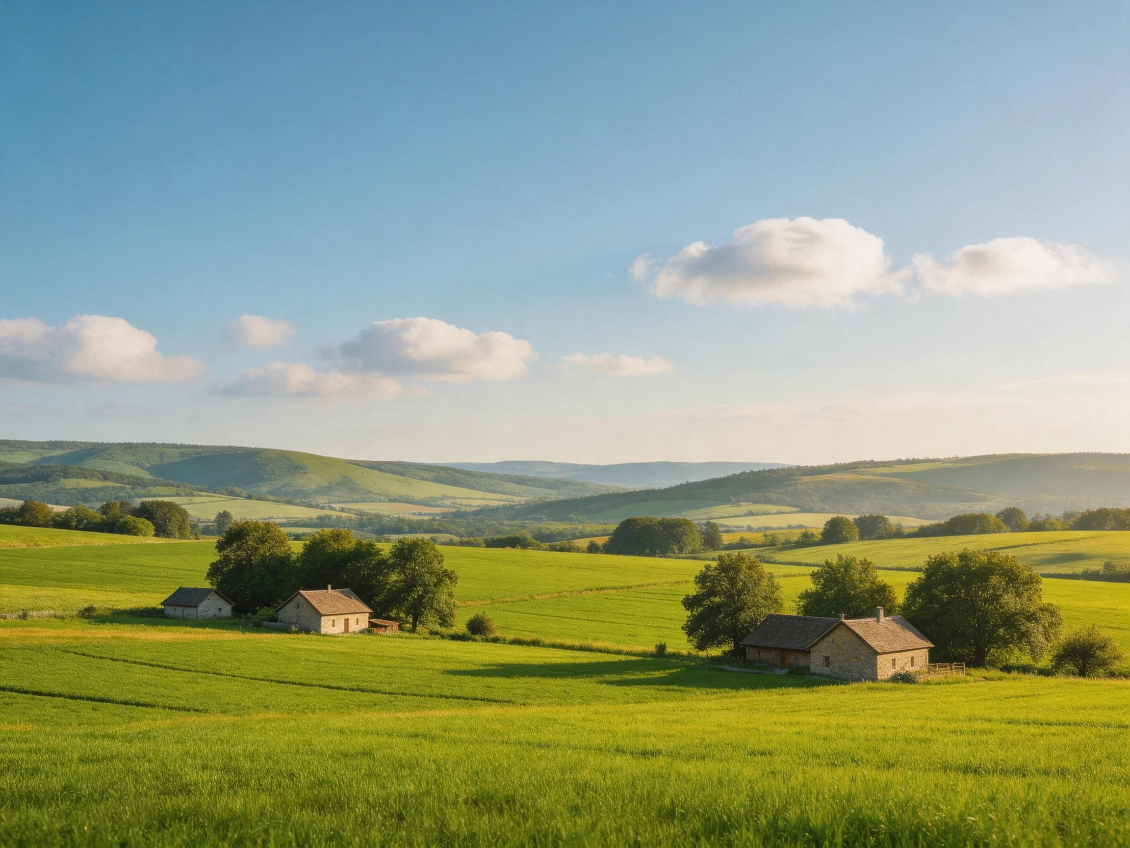 Rolling green hills, scattered cottages, bright blue sky
