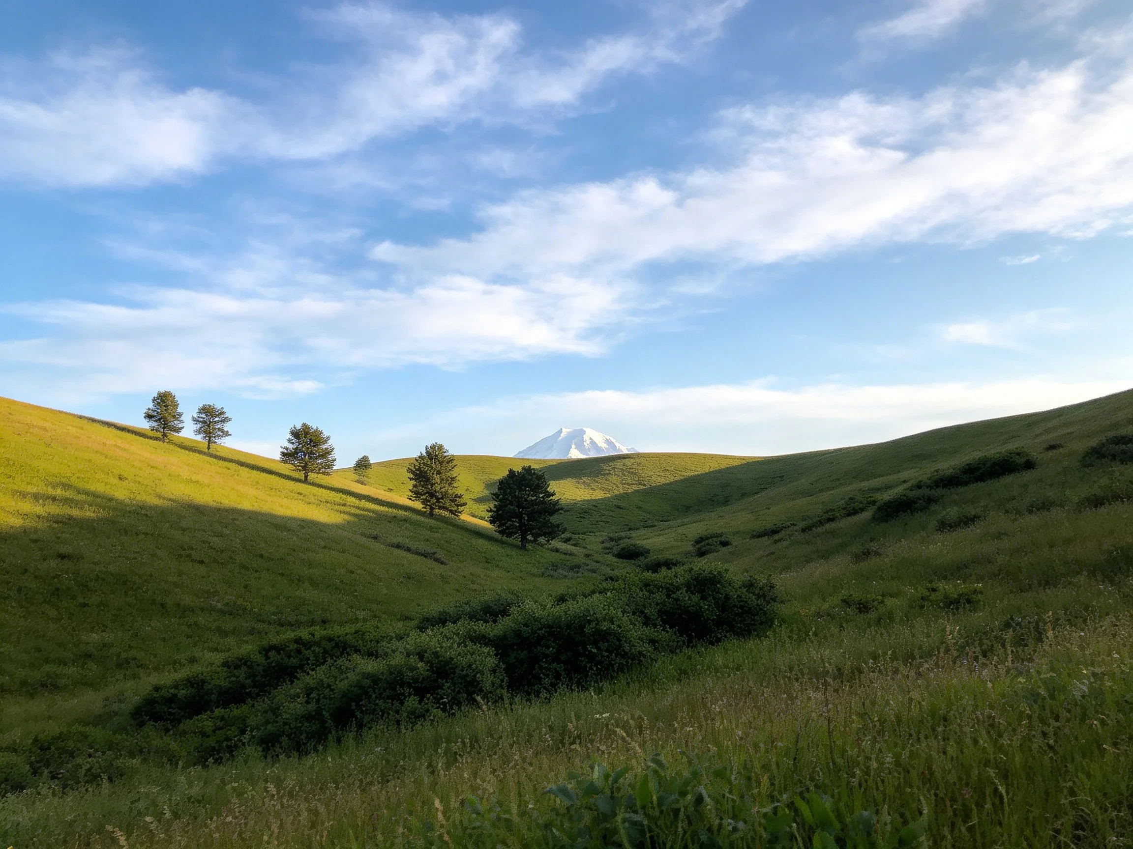 Rolling green hills, scattered trees, and a distant snow-capped mountain under a clear blue sky