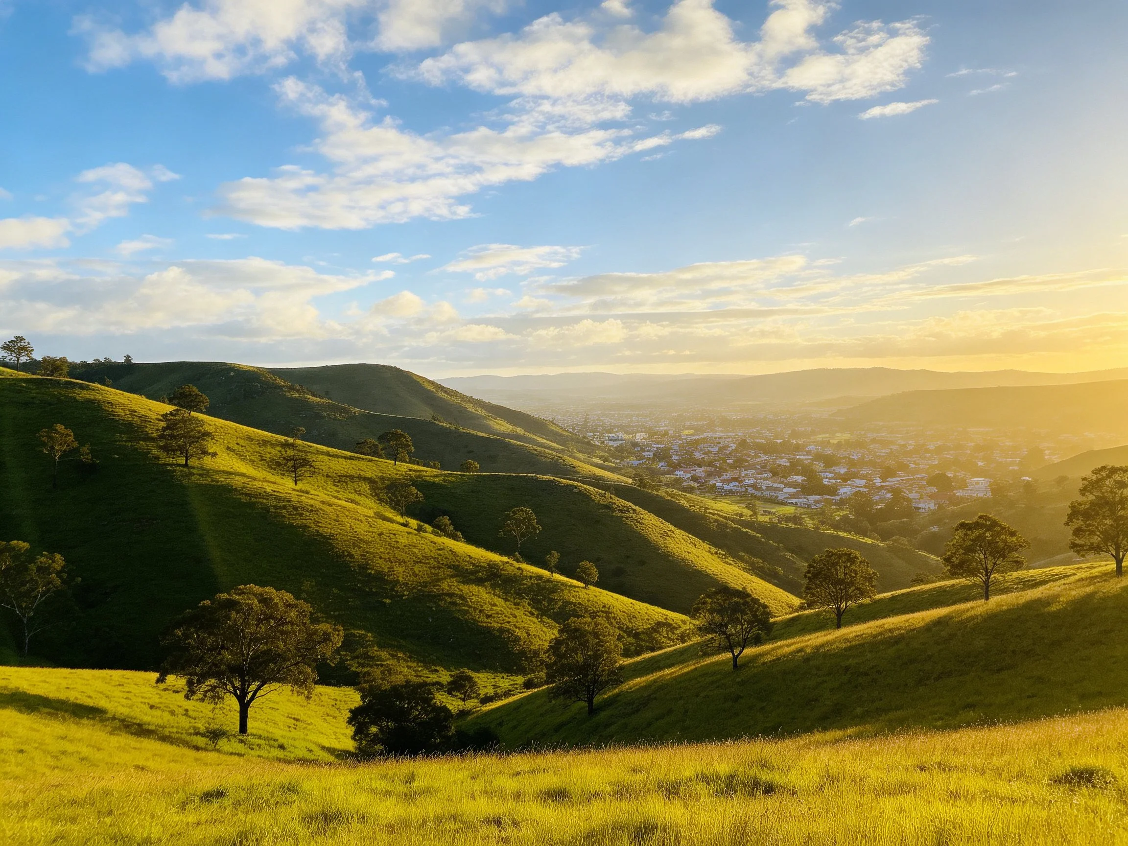 Rolling green hills, scattered trees, and distant town under golden light