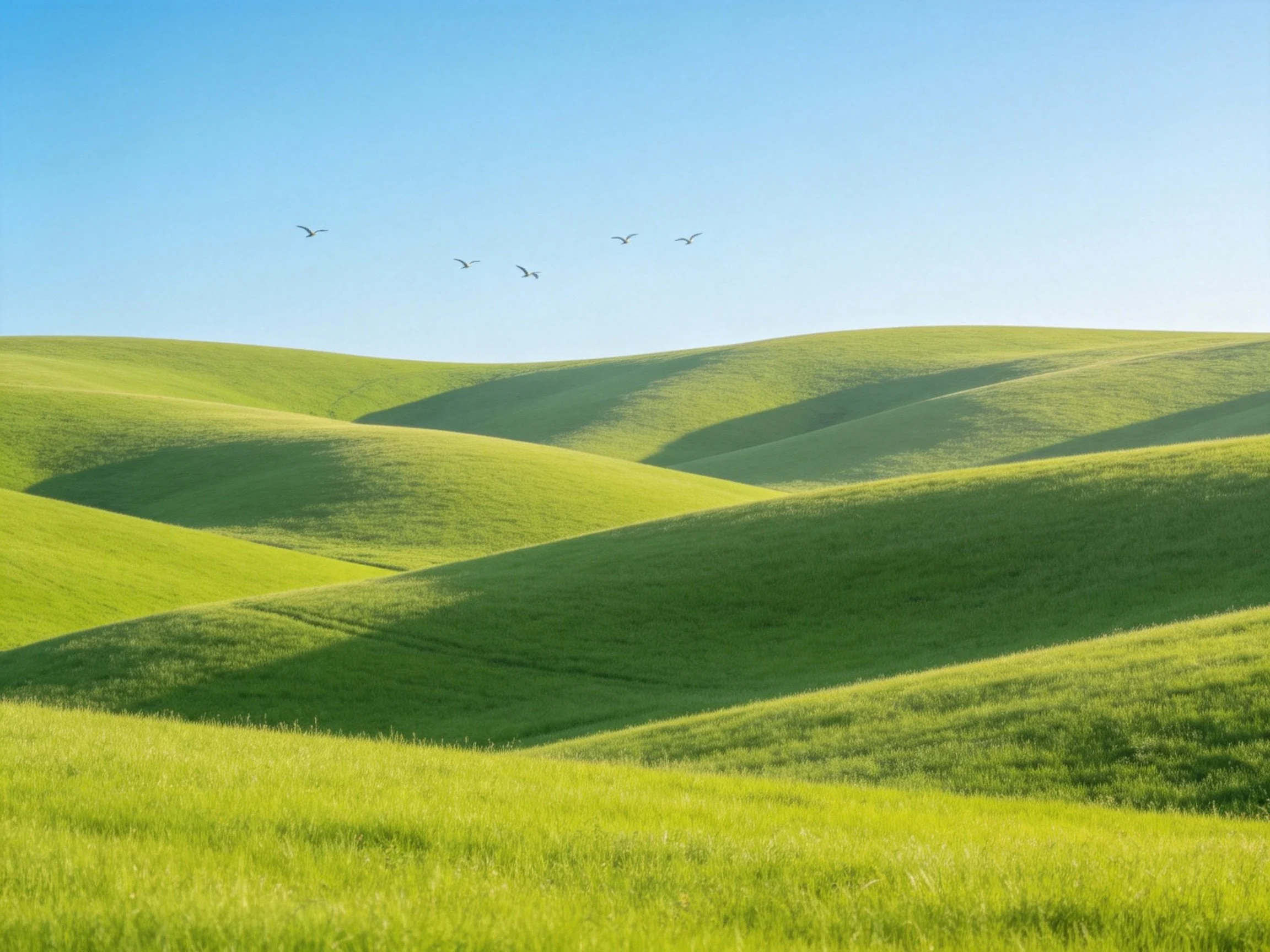 Rolling green hills under clear blue sky with birds flying