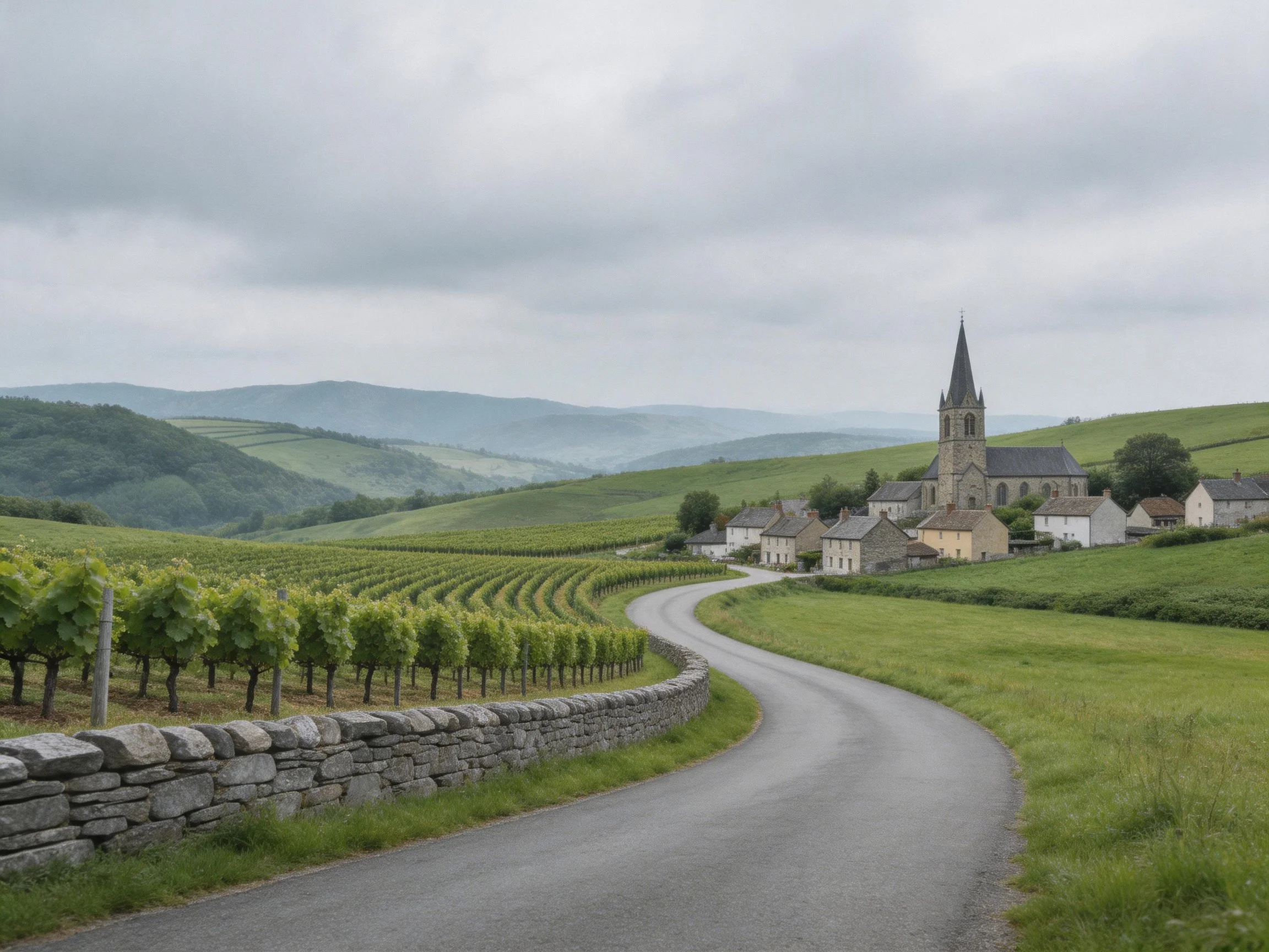 Rolling green hills, vineyard rows, and a village with a church tower