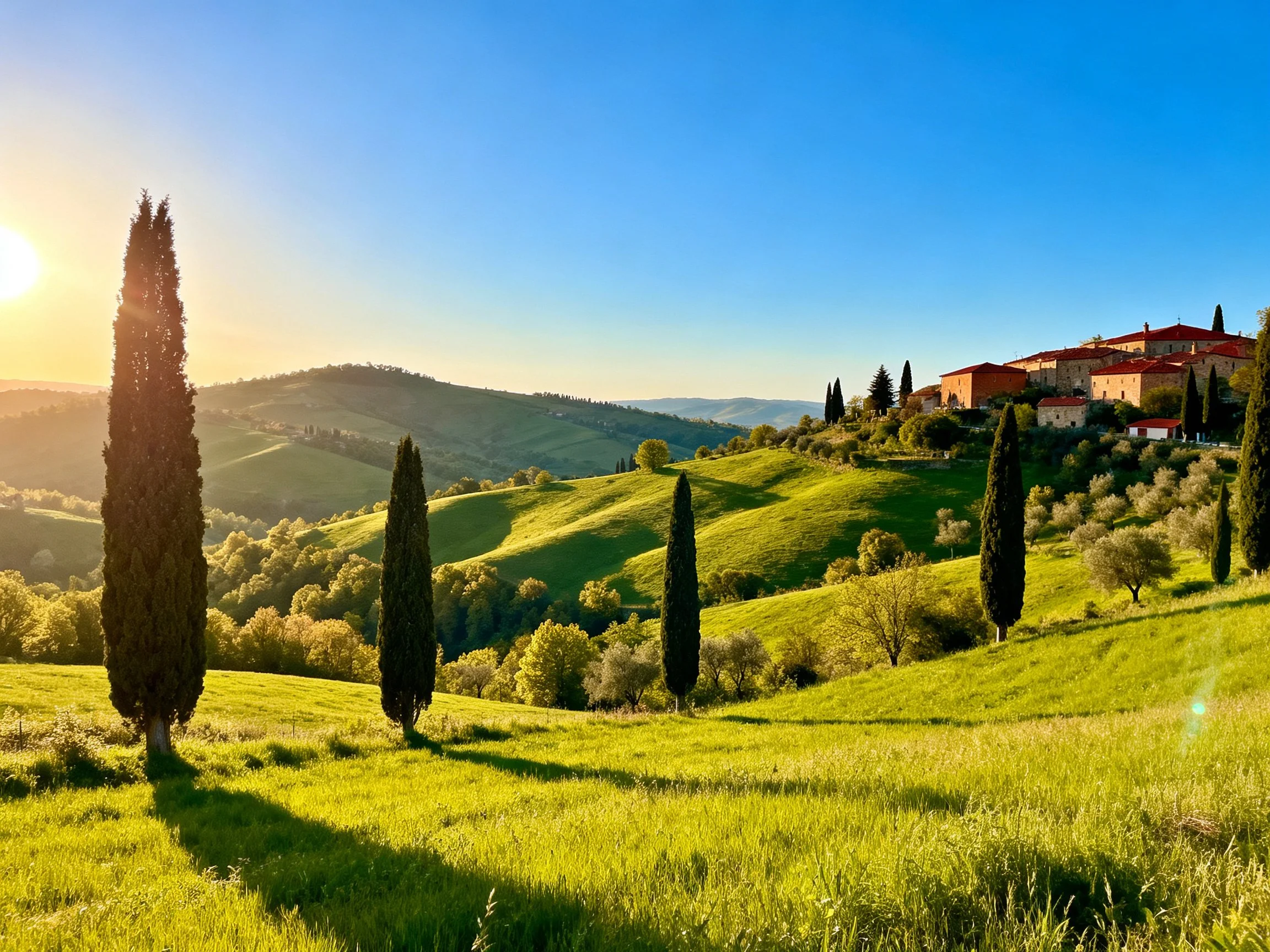 Rolling green hills with cypress trees and a hilltop village