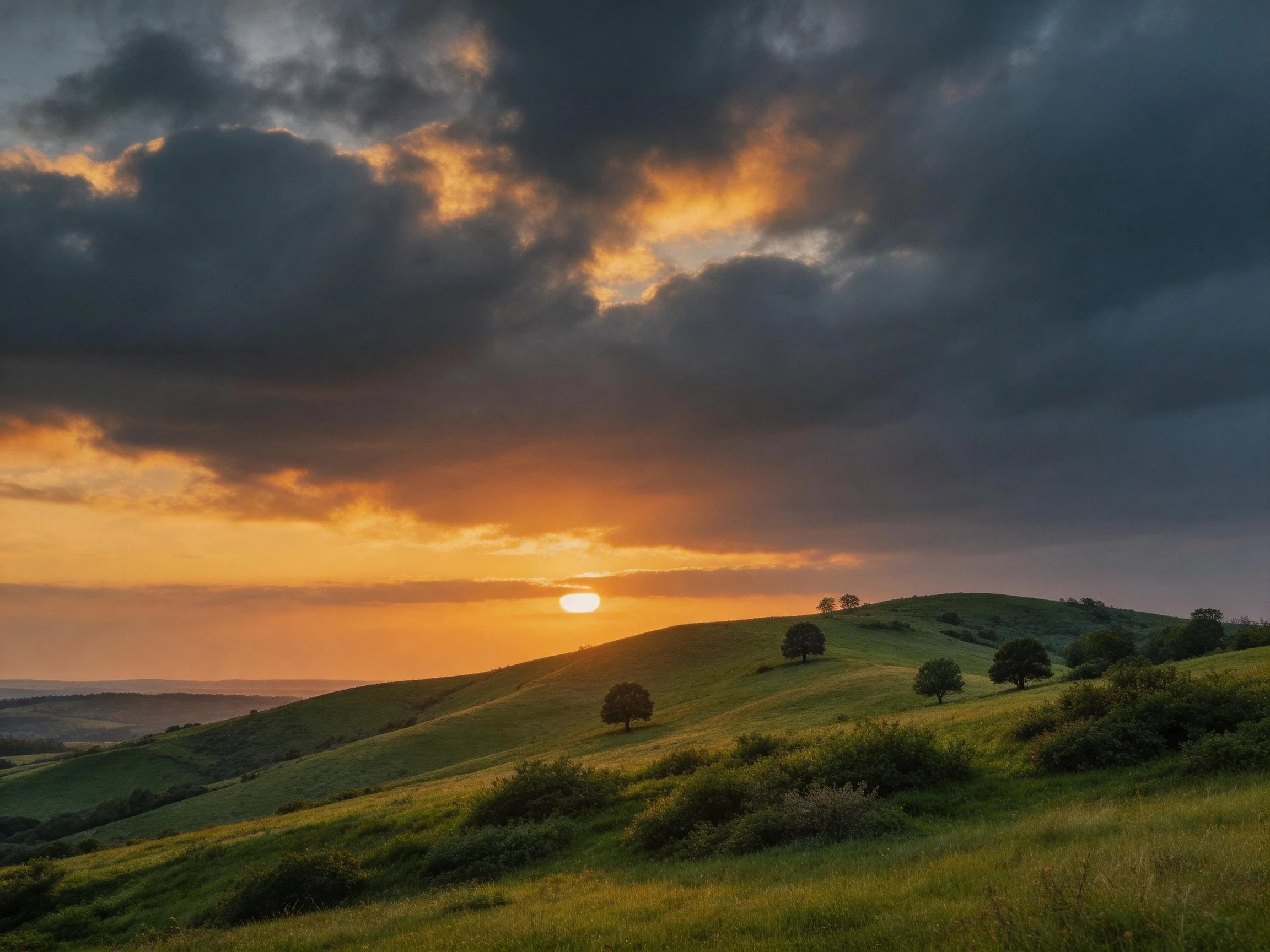 Rolling green hills with dramatic sunset and dark clouds