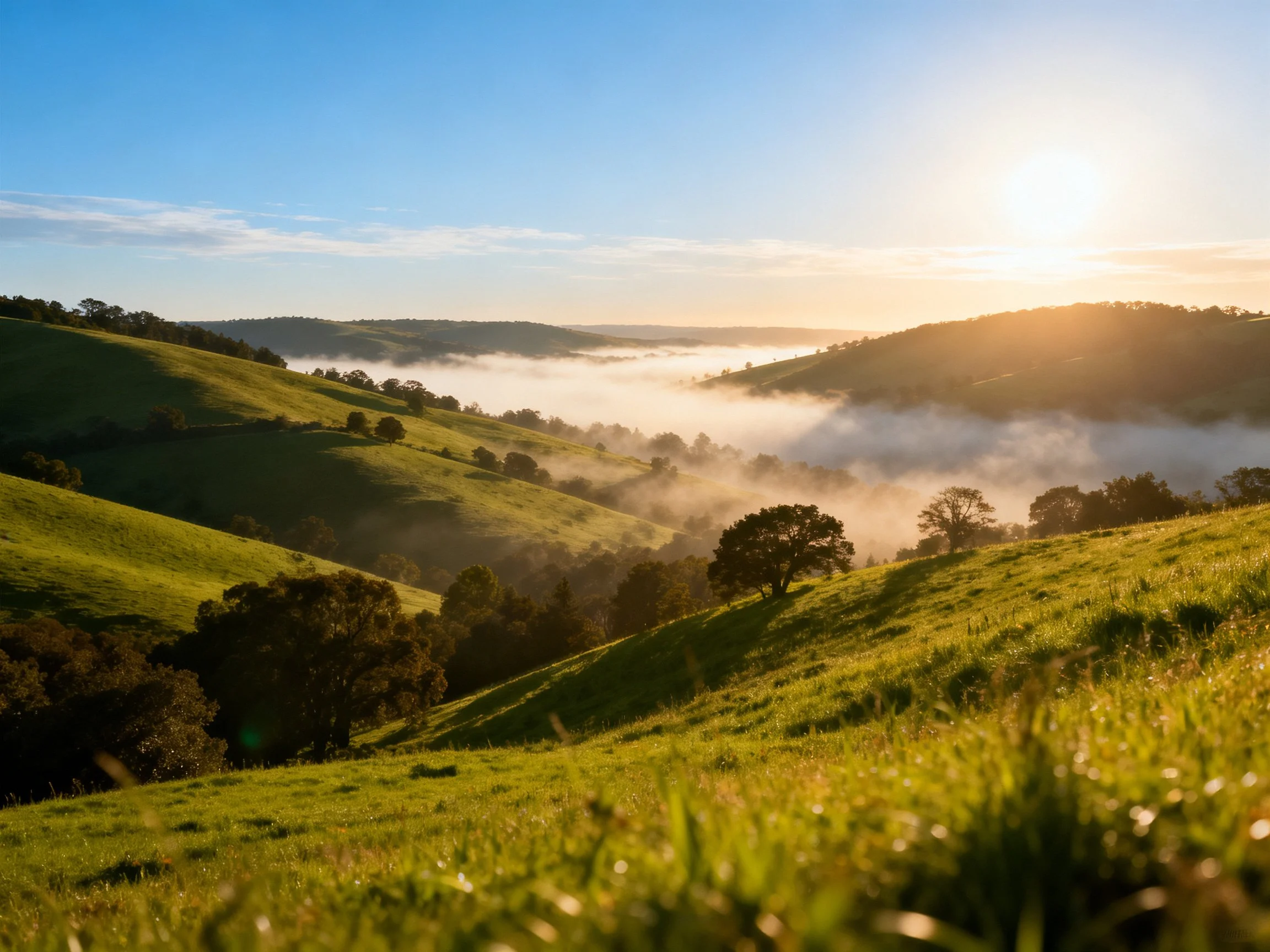 Rolling green hills with morning mist and golden sunlight