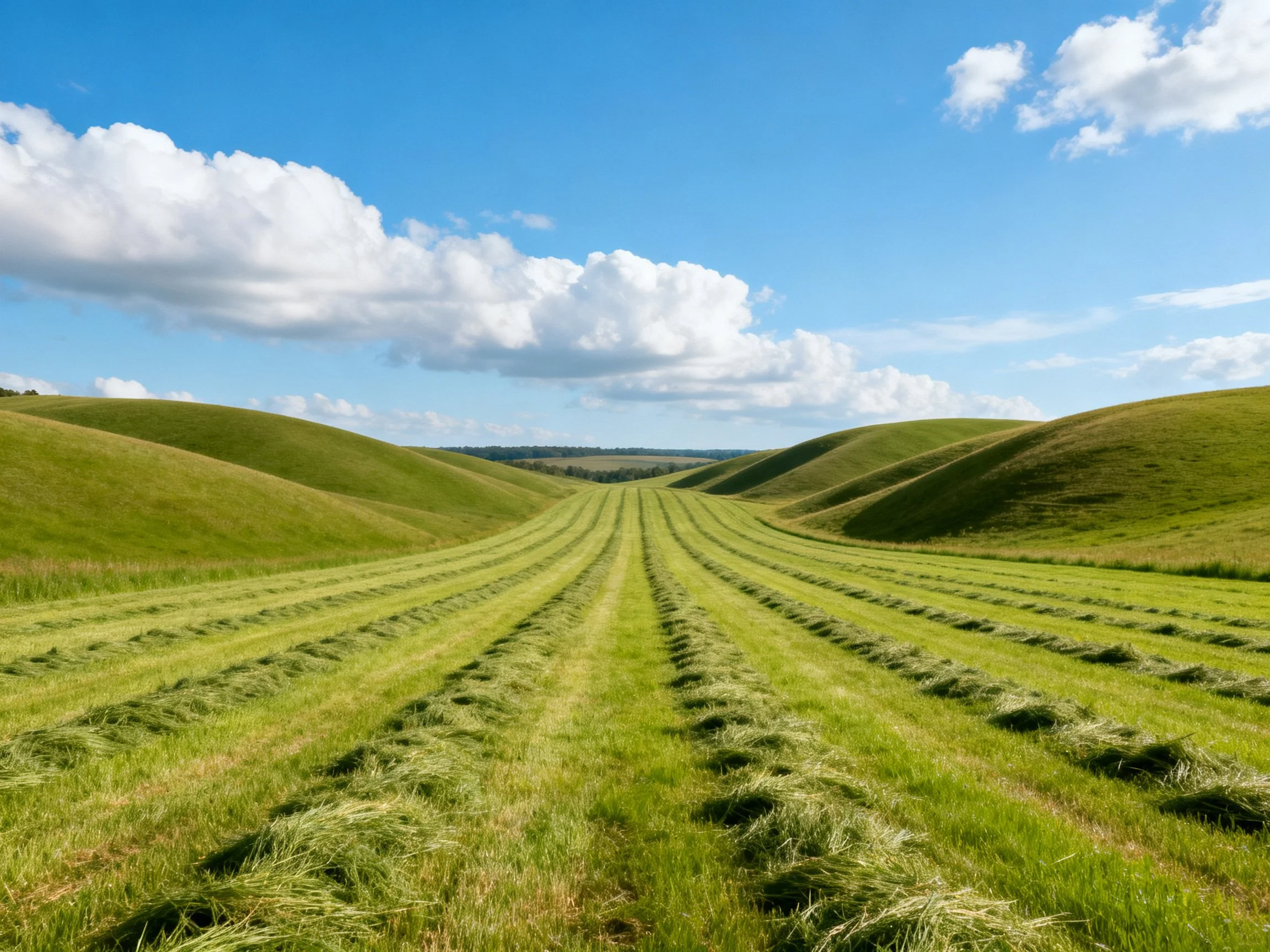 Rolling green hills with neatly arranged hay rows under bright blue sky