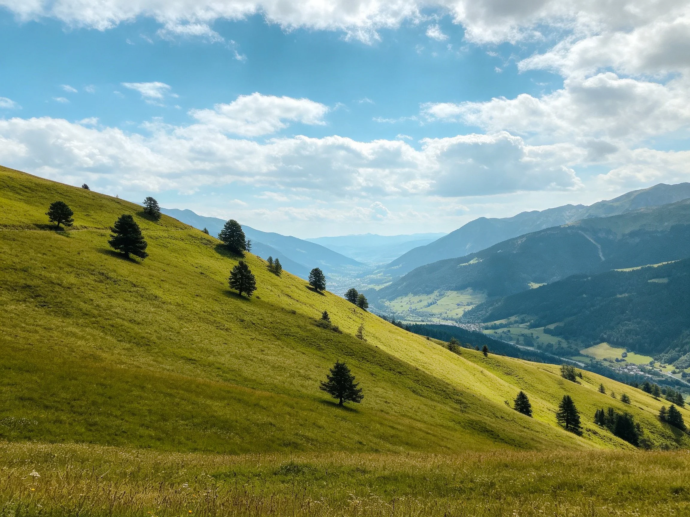 Rolling green hills with scattered pine trees and distant mountain ranges