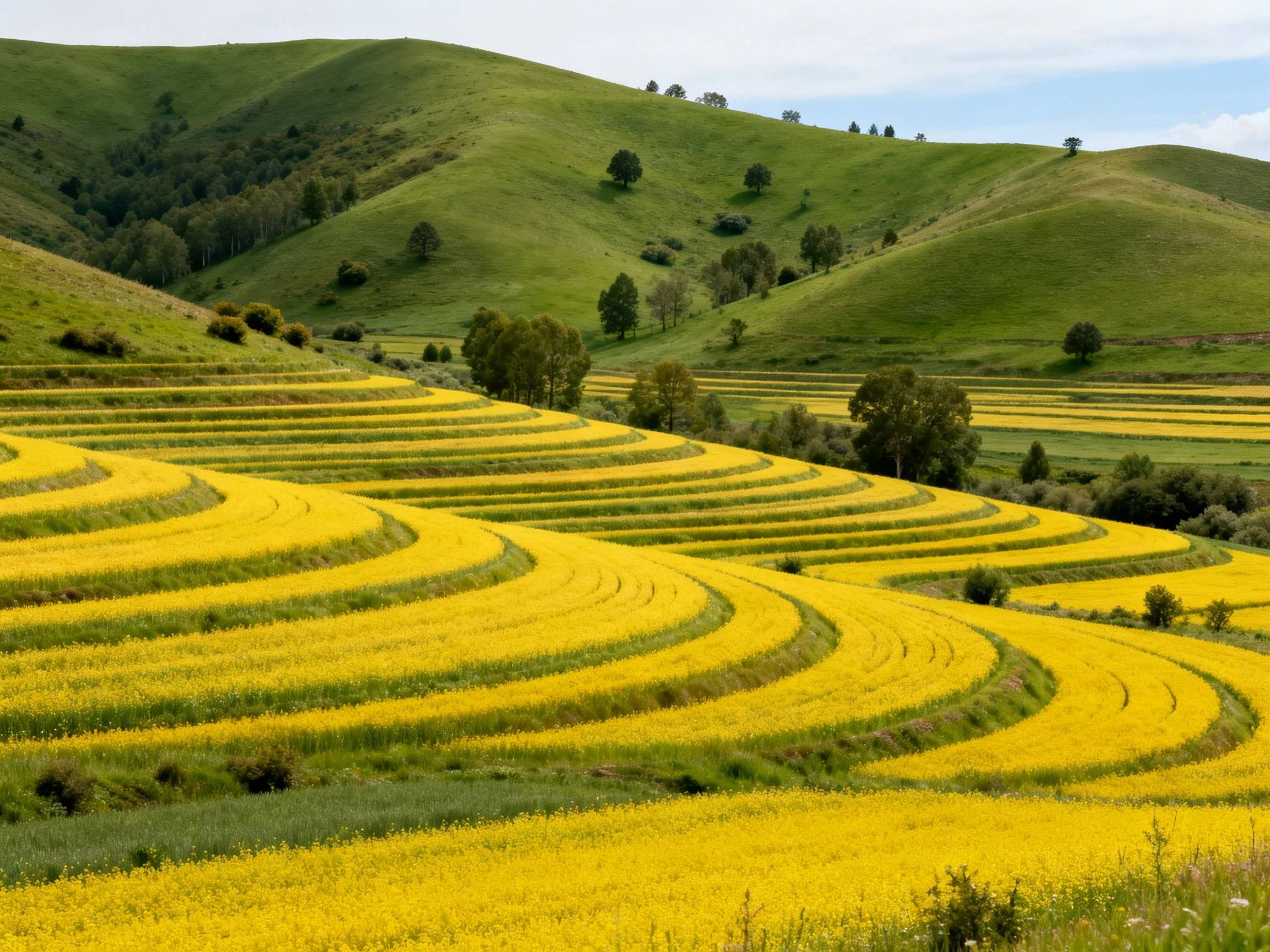 Rolling green hills with vibrant yellow flower fields