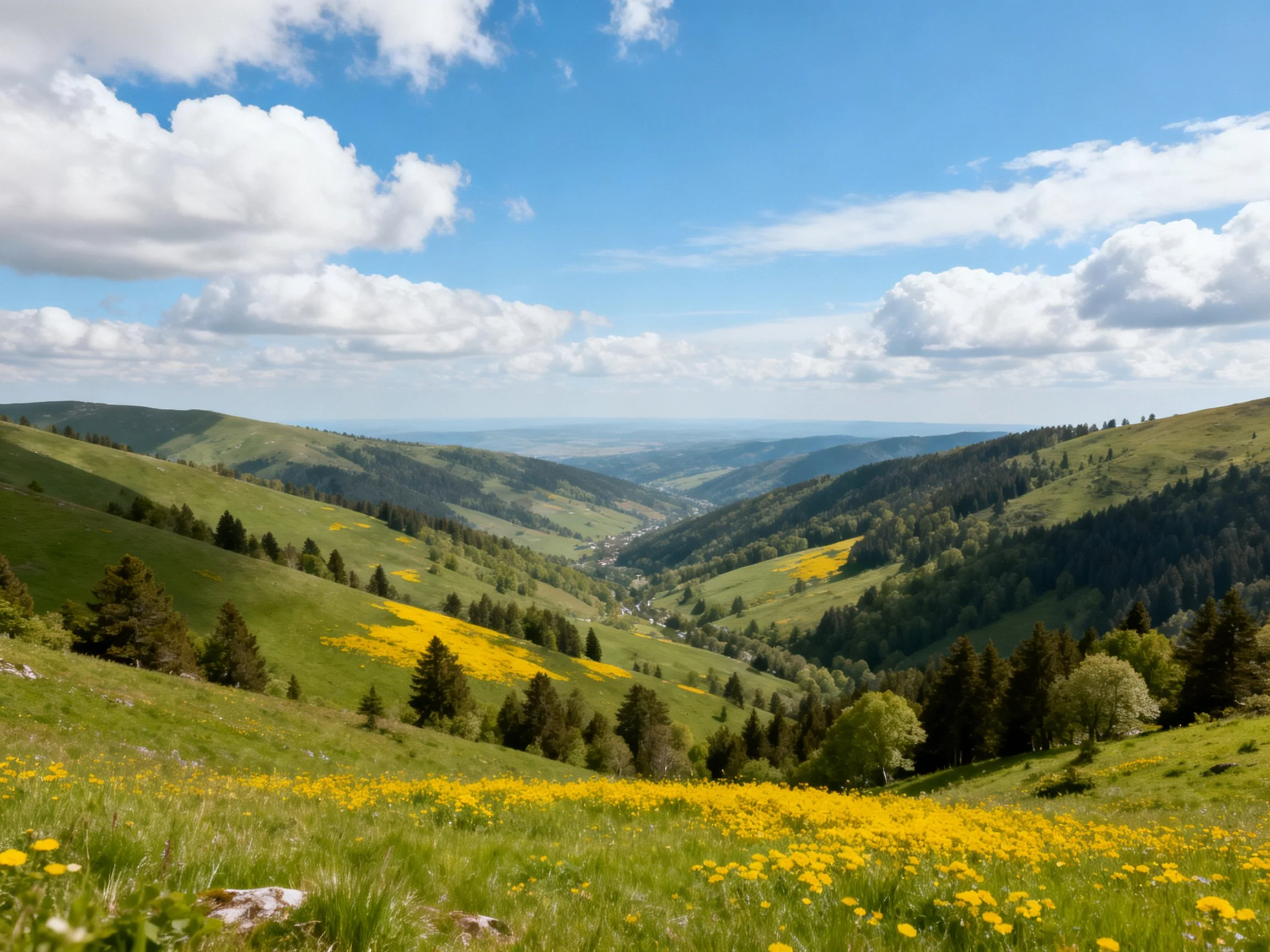 Rolling green hills with vibrant yellow wildflowers and blue sky