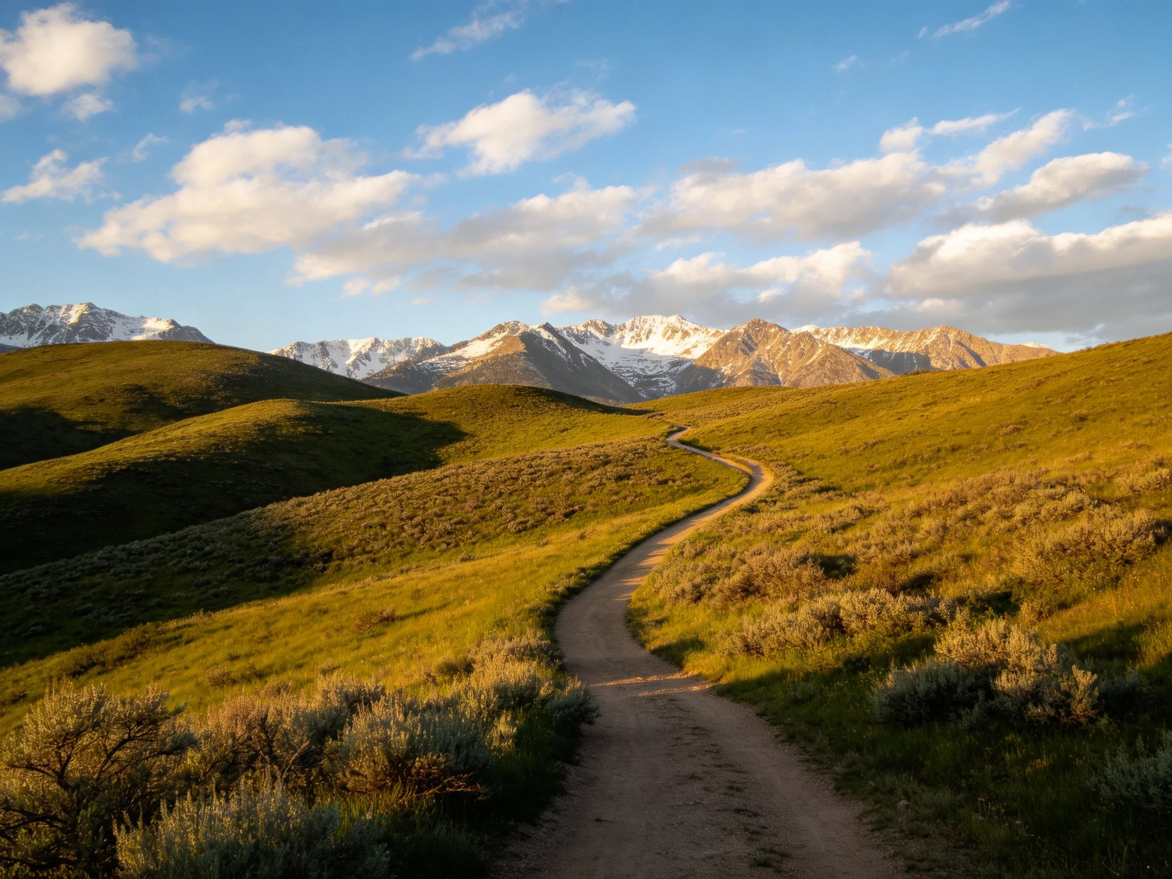 Rolling green hills with winding dirt path toward snow-capped peaks