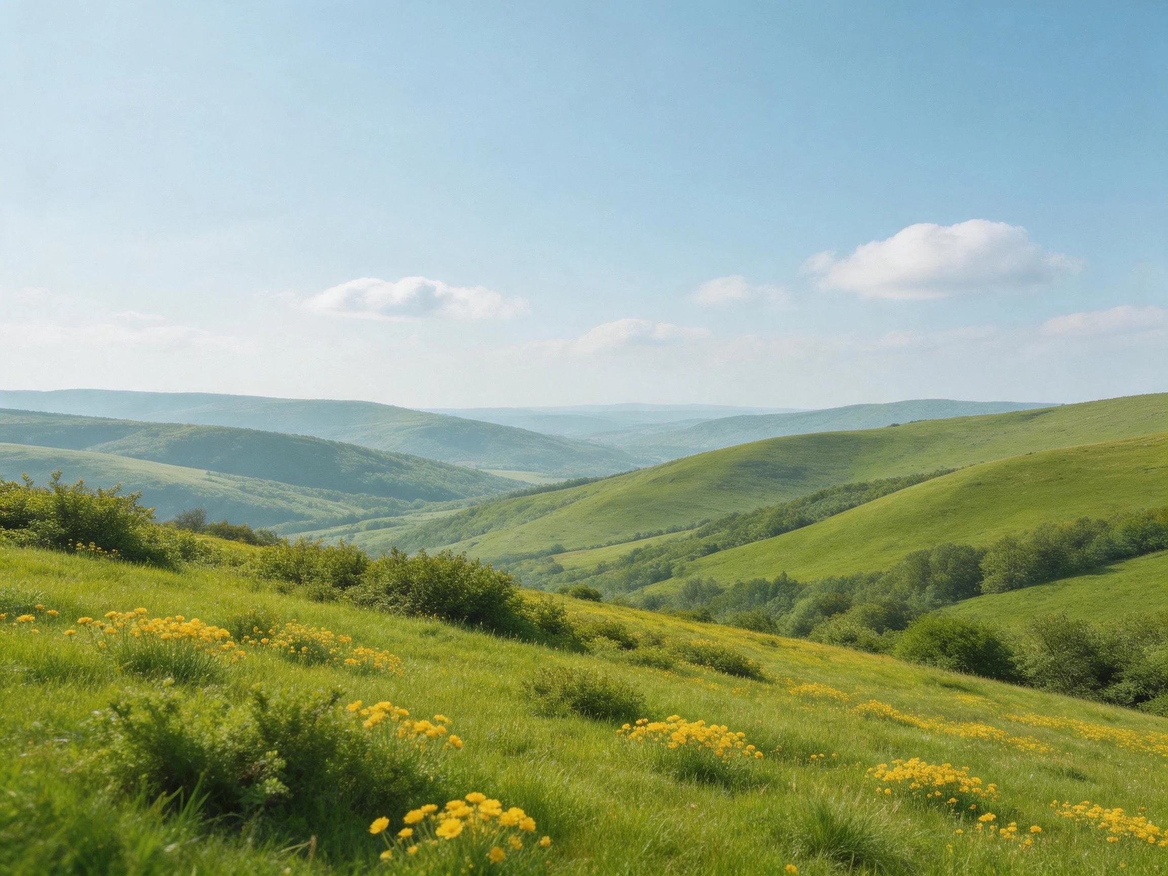 Rolling green hills with yellow wildflowers under clear blue sky