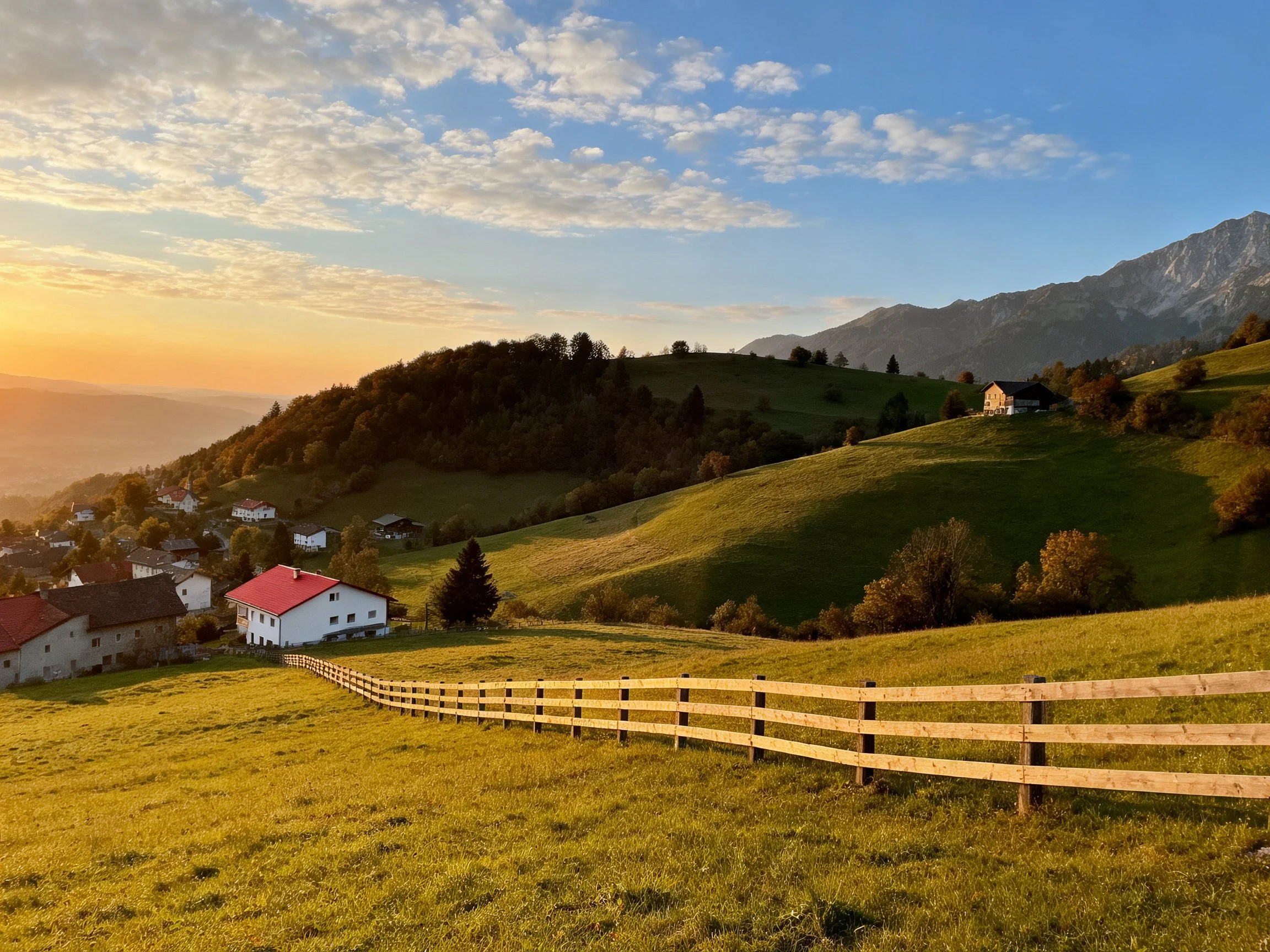 Rolling green hills, wooden fence, village homes under golden sunset