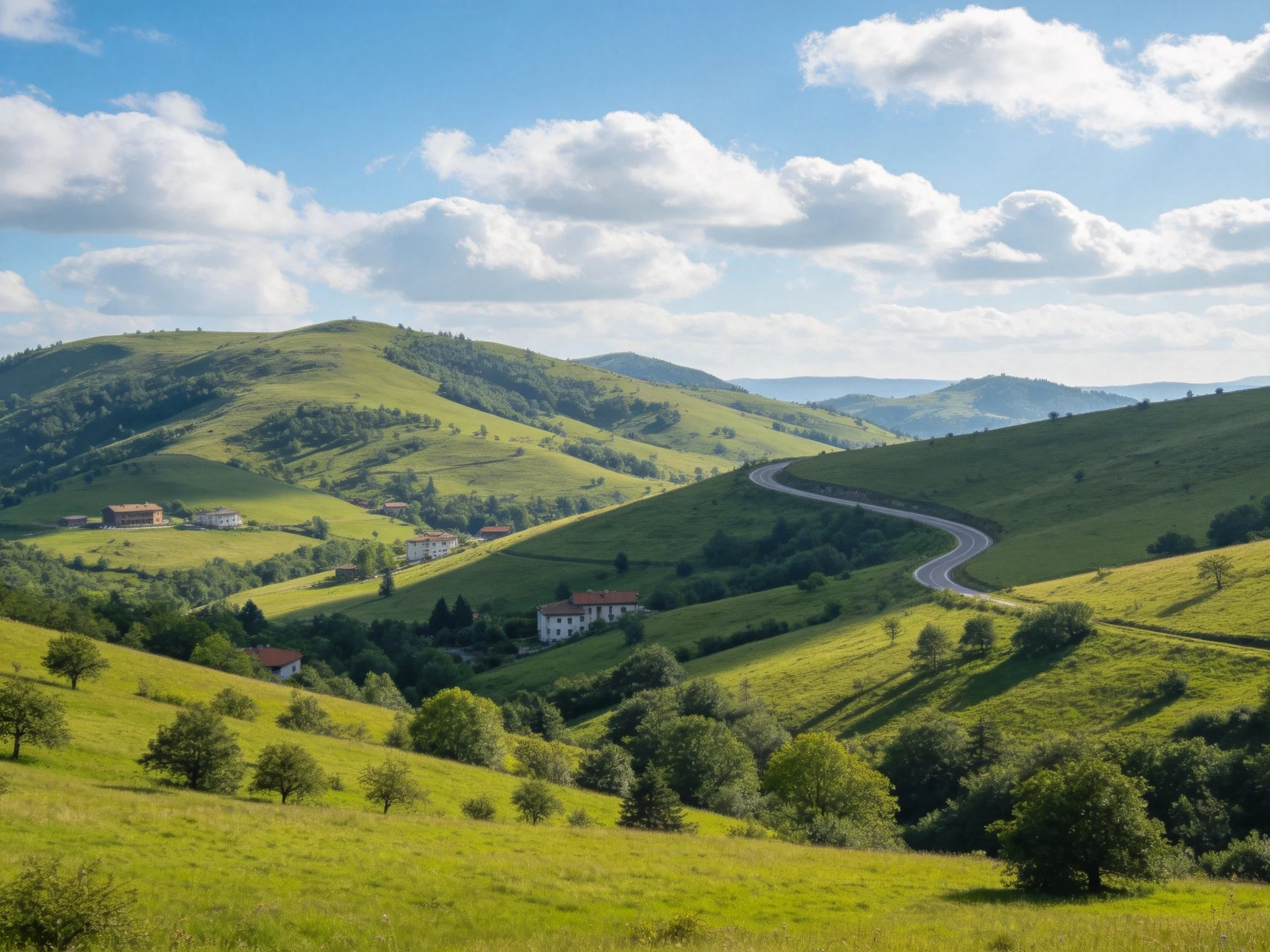 Rolling green rolling hills with winding road and scattered homes