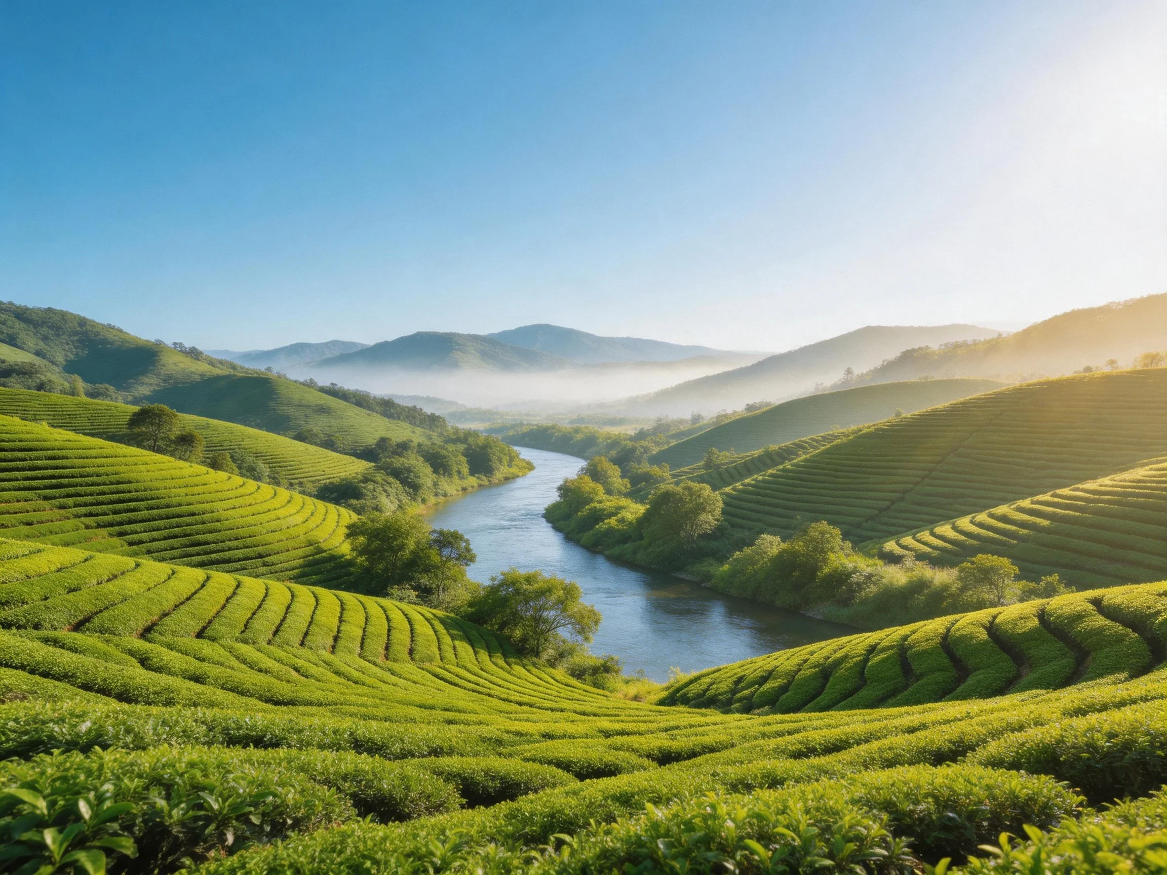 Rolling green tea plantations beside a winding river under bright blue skies