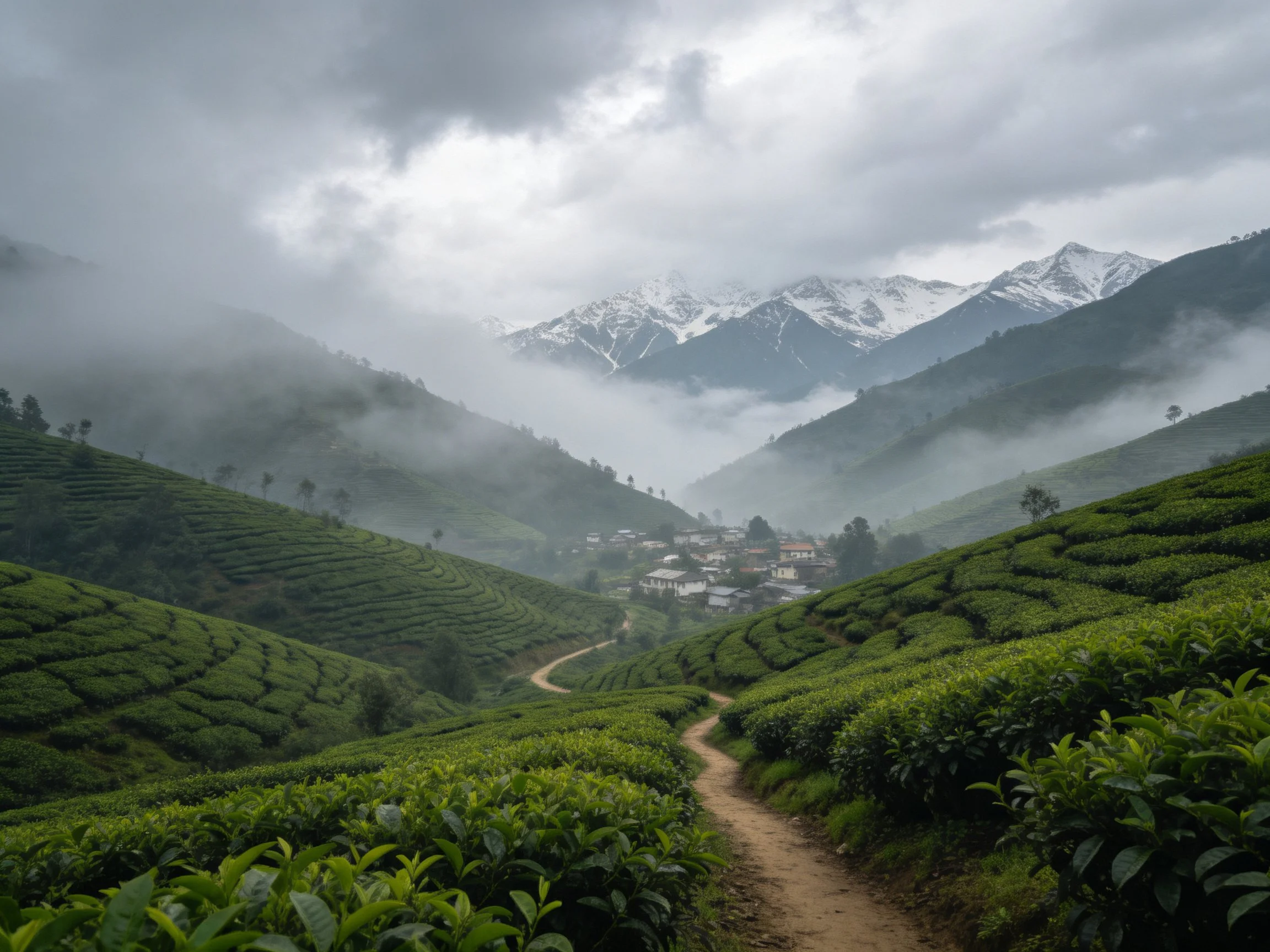 Rolling green tea plantations near misty snow-capped mountains