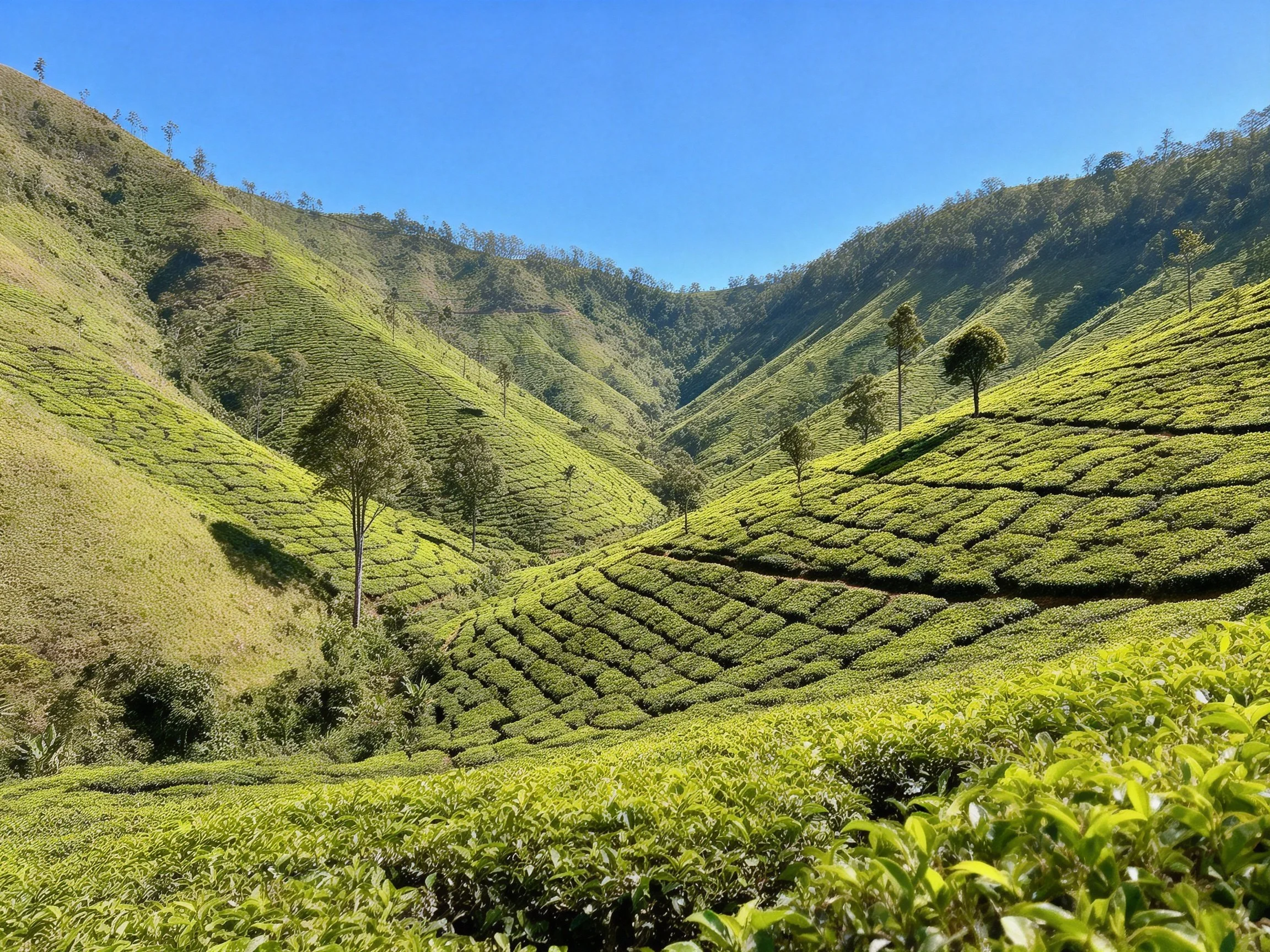 Rolling green tea plantations on hilly landscapes under blue sky