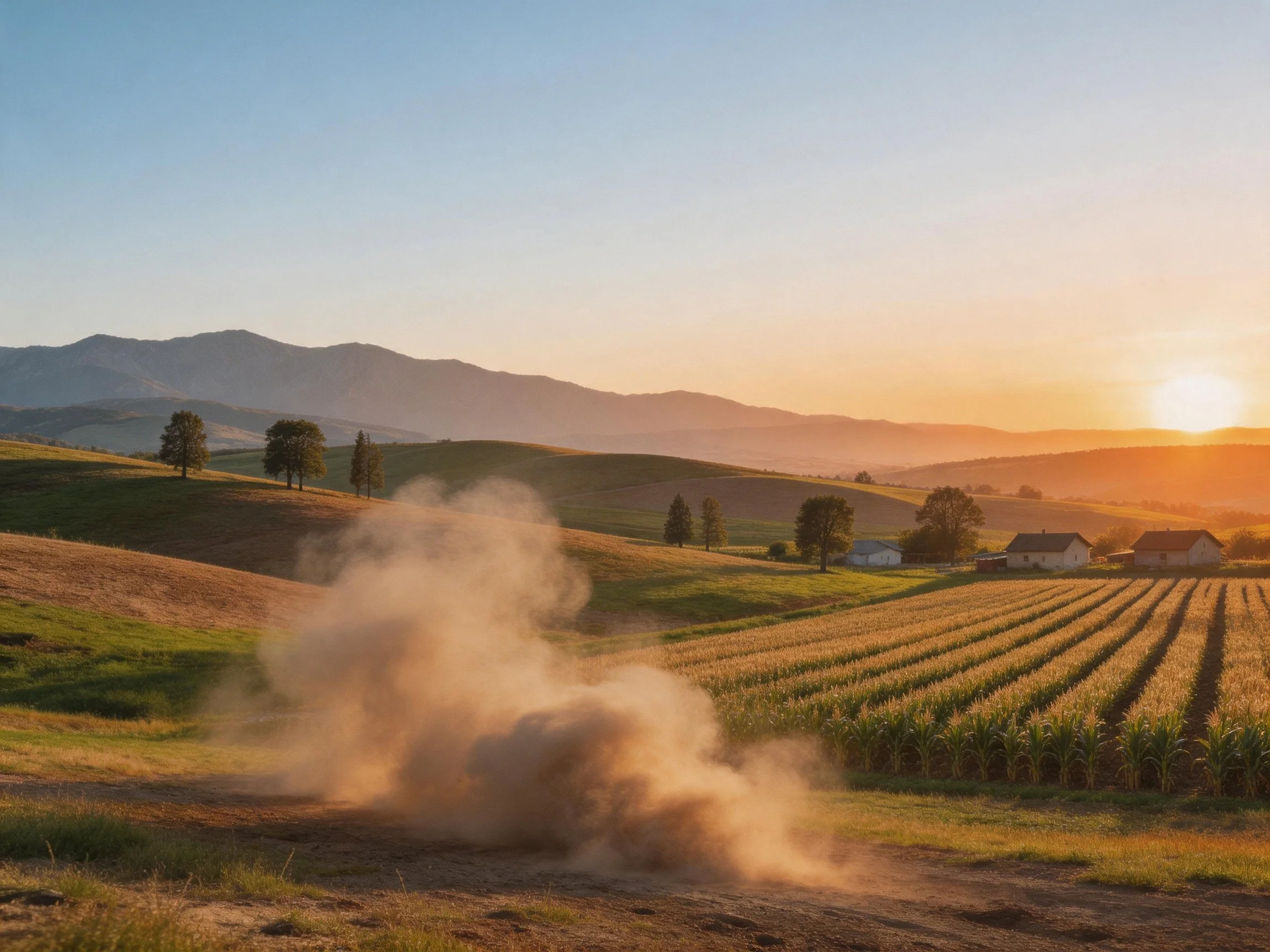 Rolling hills, golden fields, and dusty path at sunset