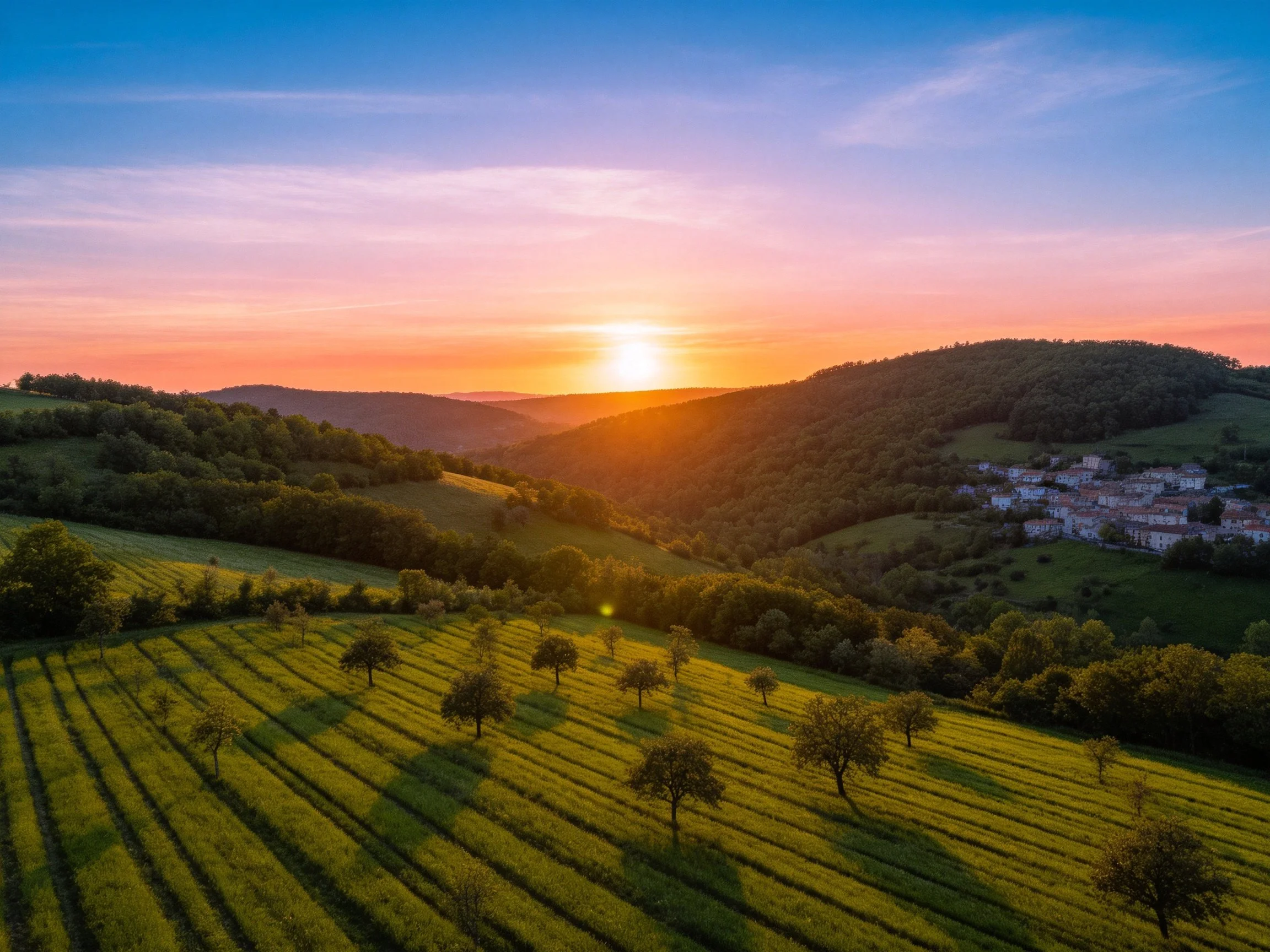Rolling hills, green fields, and a village beneath a vibrant sunset sky.