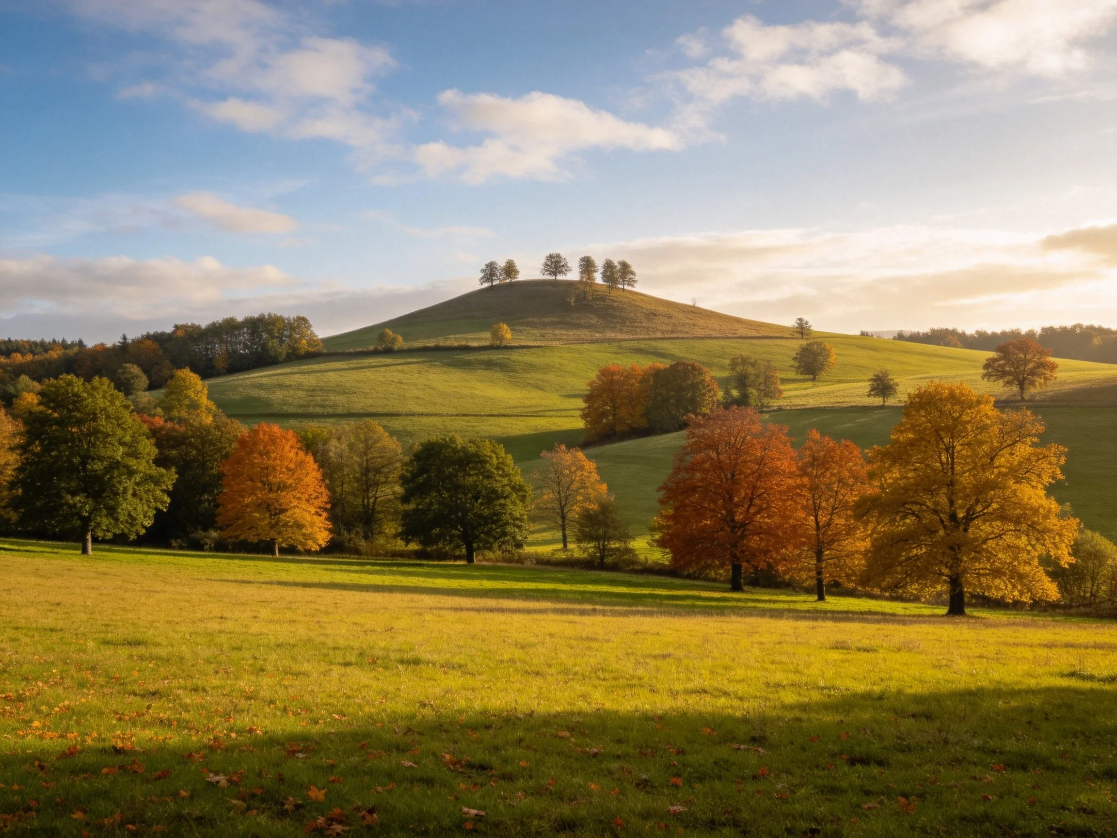 Rolling hills with autumn-colored trees and golden meadows