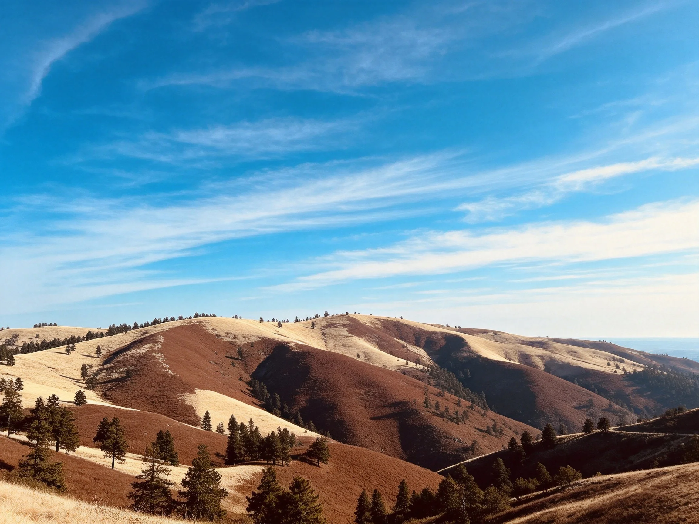 Rolling hills with earthy browns and golden hues beneath expansive blue skies