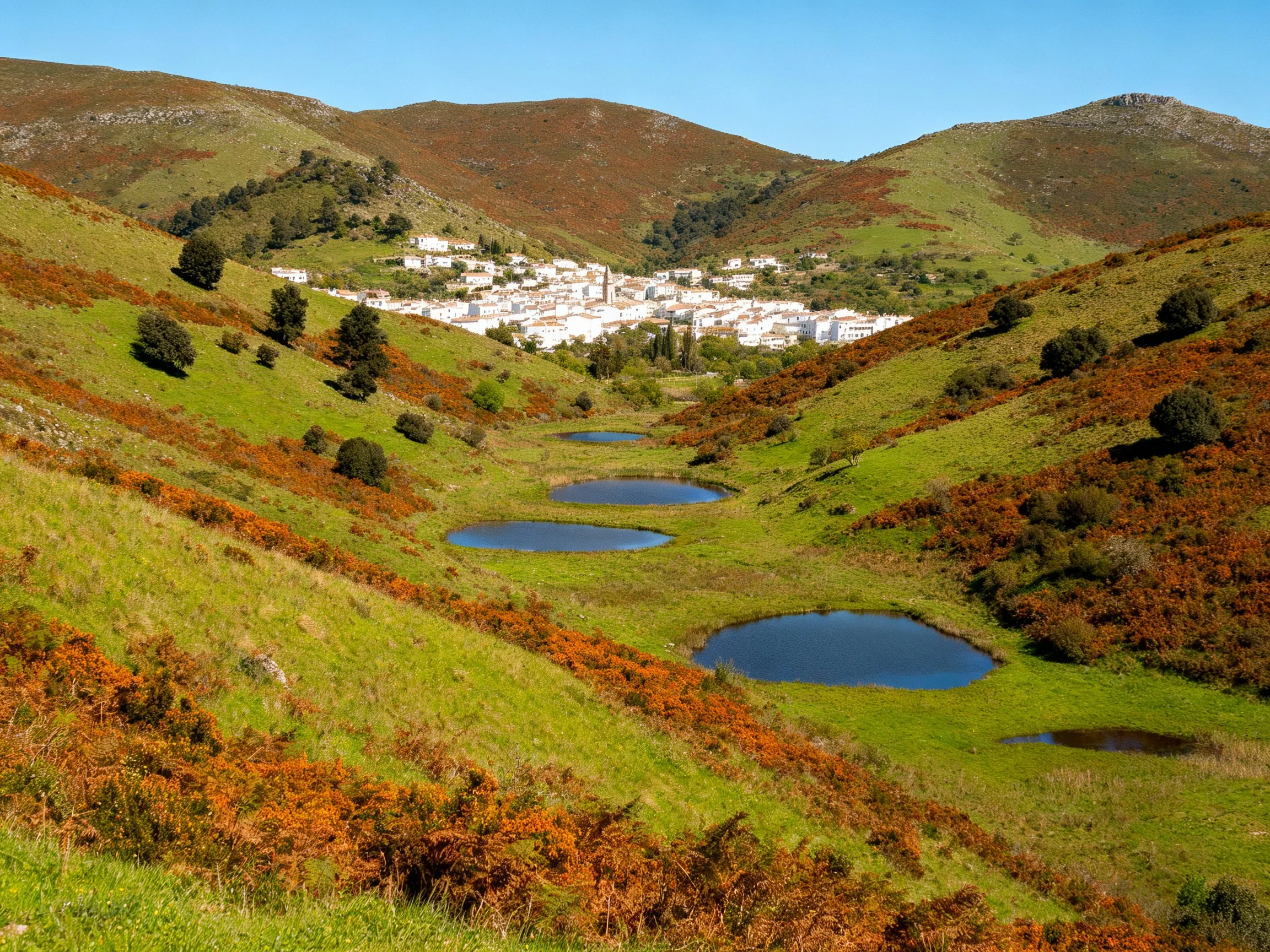 Rolling hills with five ponds and distant white village