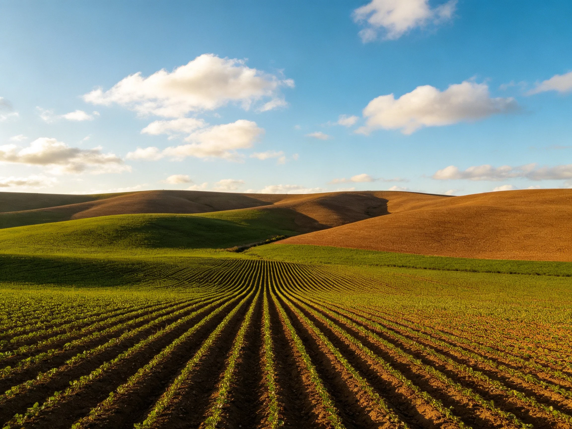 Rolling hills with green and brown farmland under a clear sky