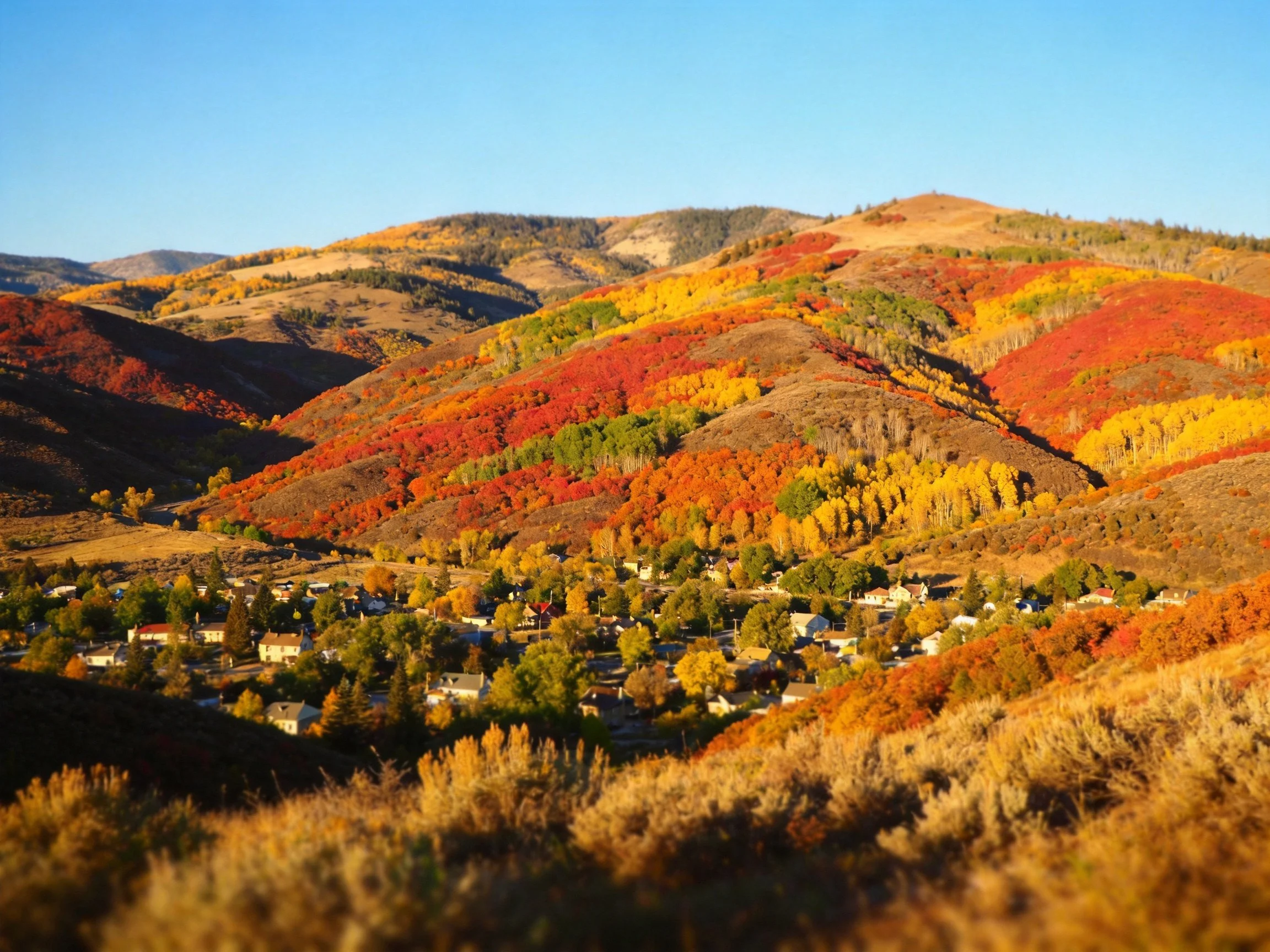 Rolling hills with vibrant autumn foliage and a small town below