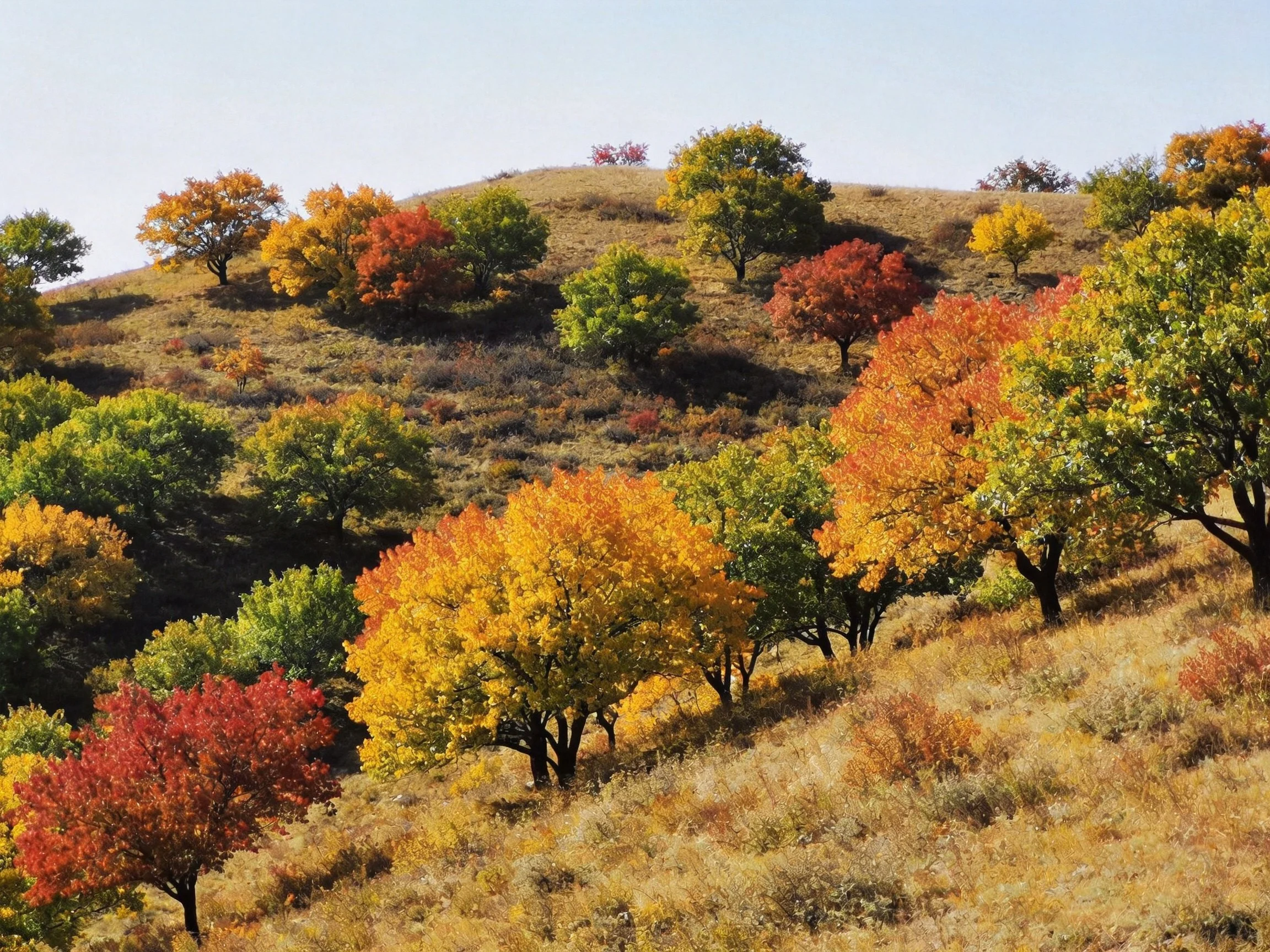 Rolling hillside with diverse autumn trees showing vibrant colors