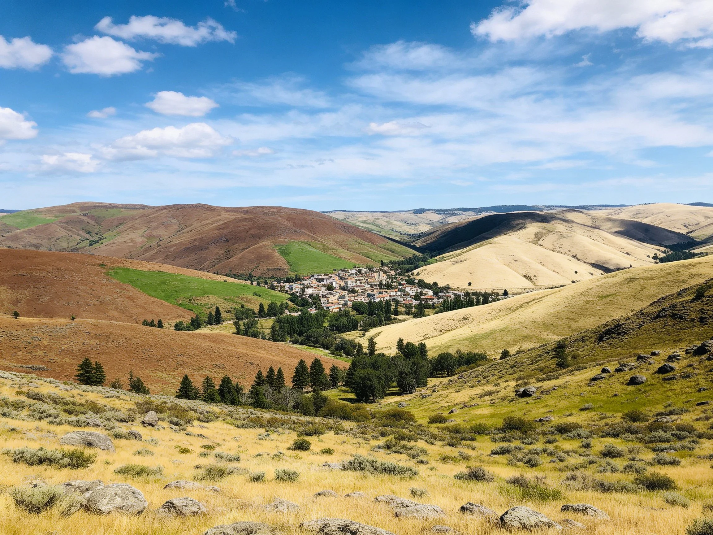 Rolling multicolored hills encircle a small town beneath a bright sky