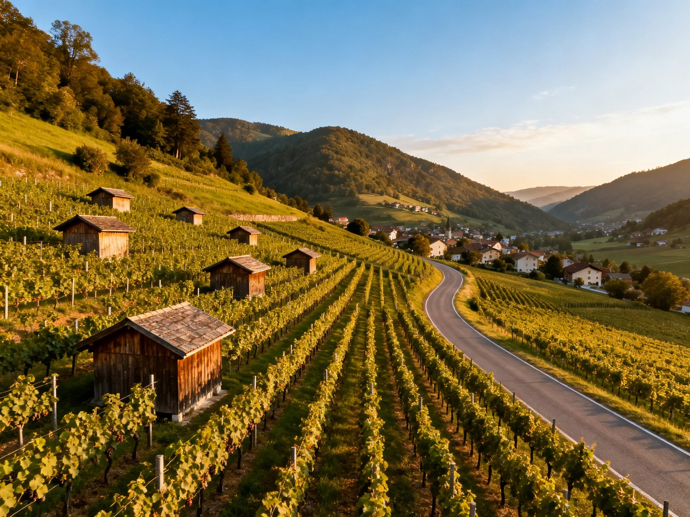 Rolling vineyard hills with wooden shelters and winding road