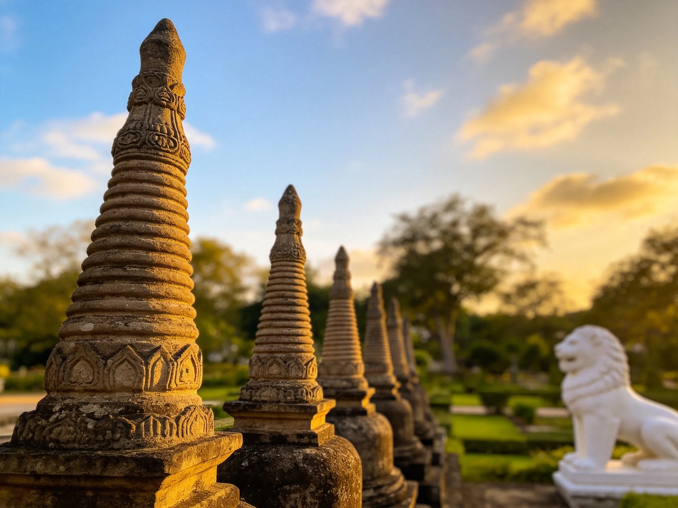 Row of aged stone stupas beside a white lion statue in a sunlit garden