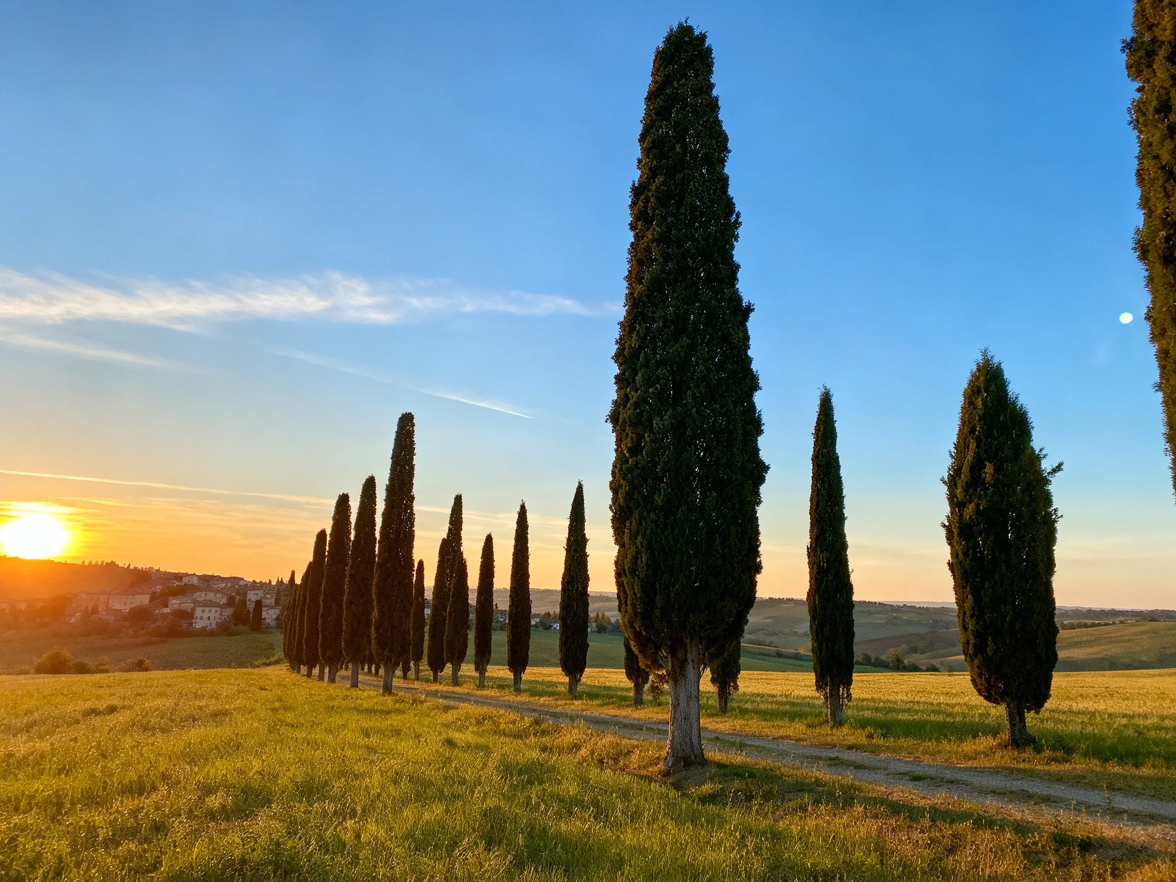 Row of tall cypresses in golden meadow under blue sky