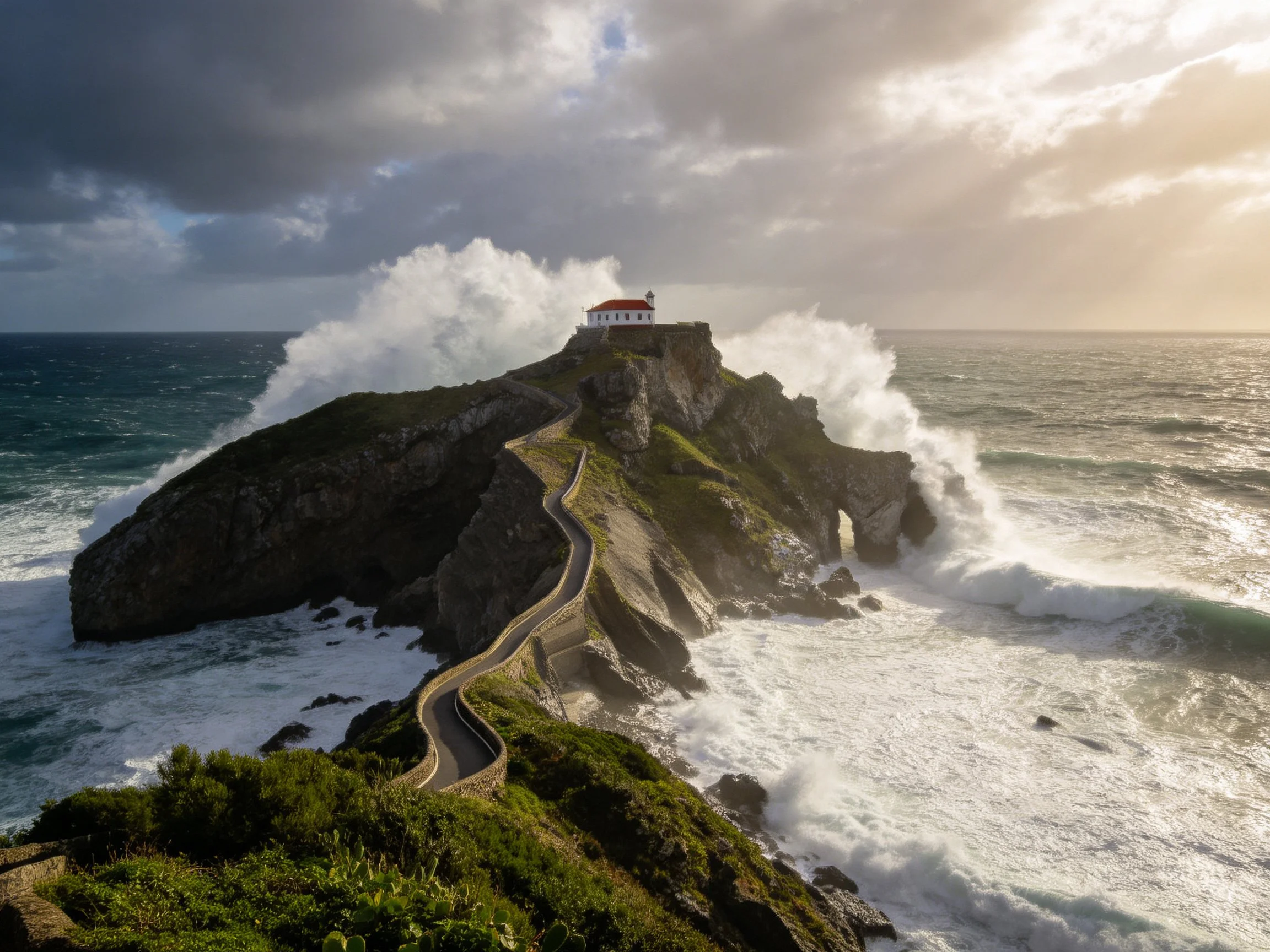 Rugged Coastal Cliff with White Lighthouse and Crashing Ocean Waves