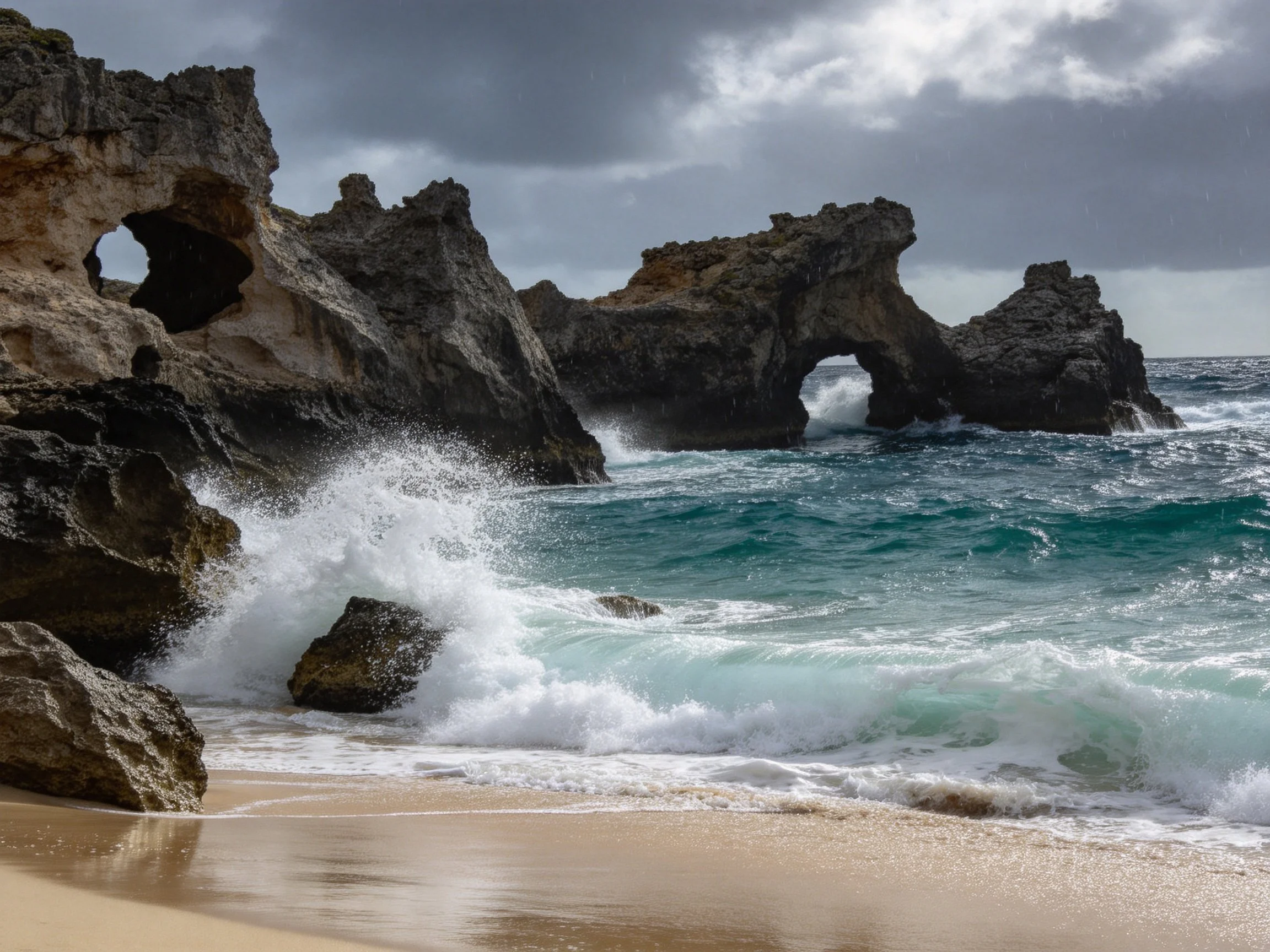 Rugged Coastal Rock Formations with Turquoise Waves and Sandy Beach