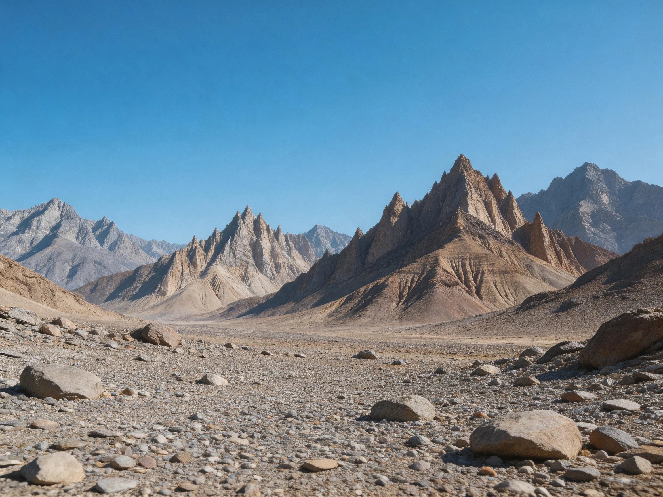 Rugged Desert Peaks with Scattered Stones Under Clear Blue Sky