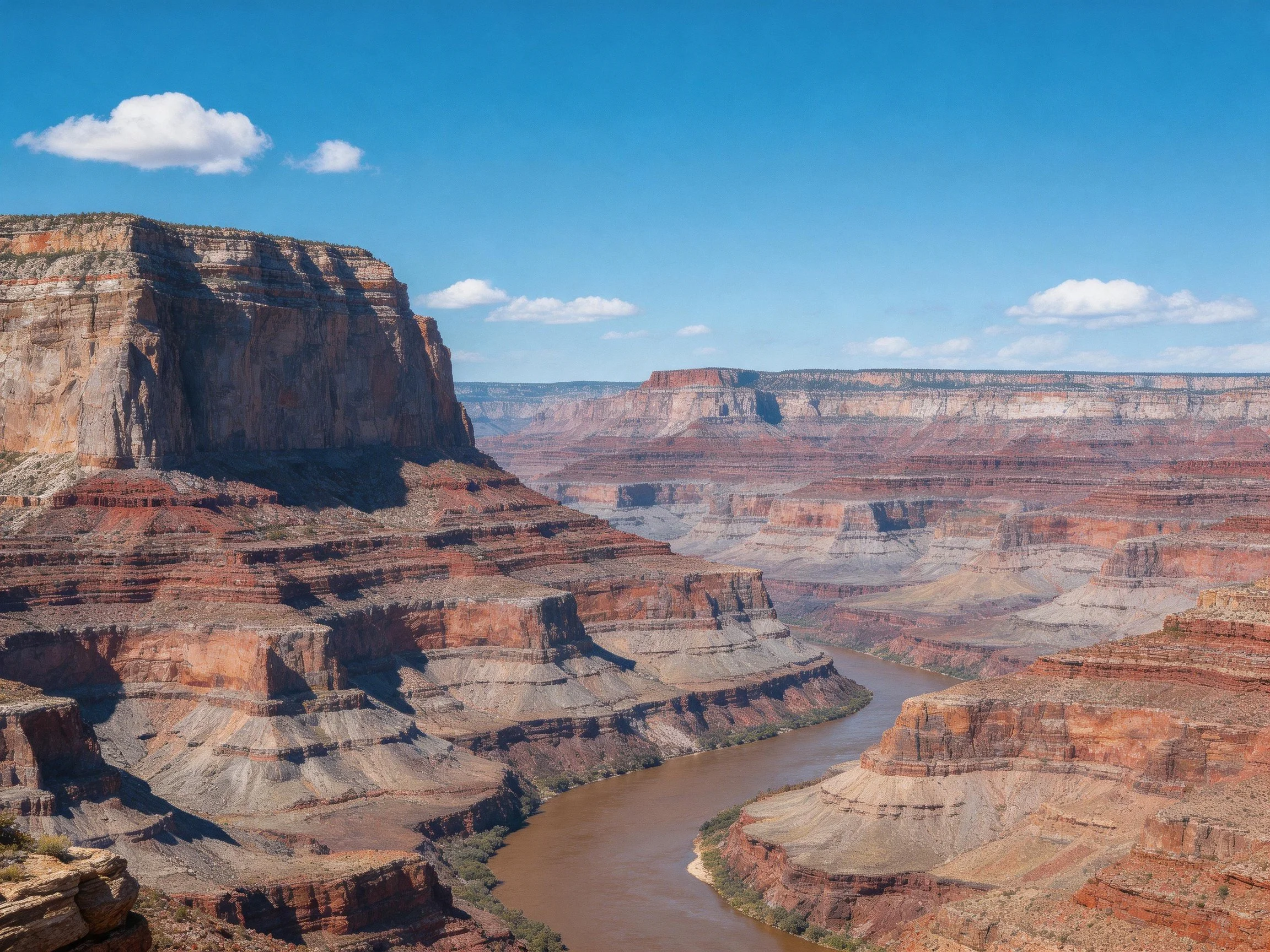 Rugged canyon cliffs display vibrant earth-toned stratification