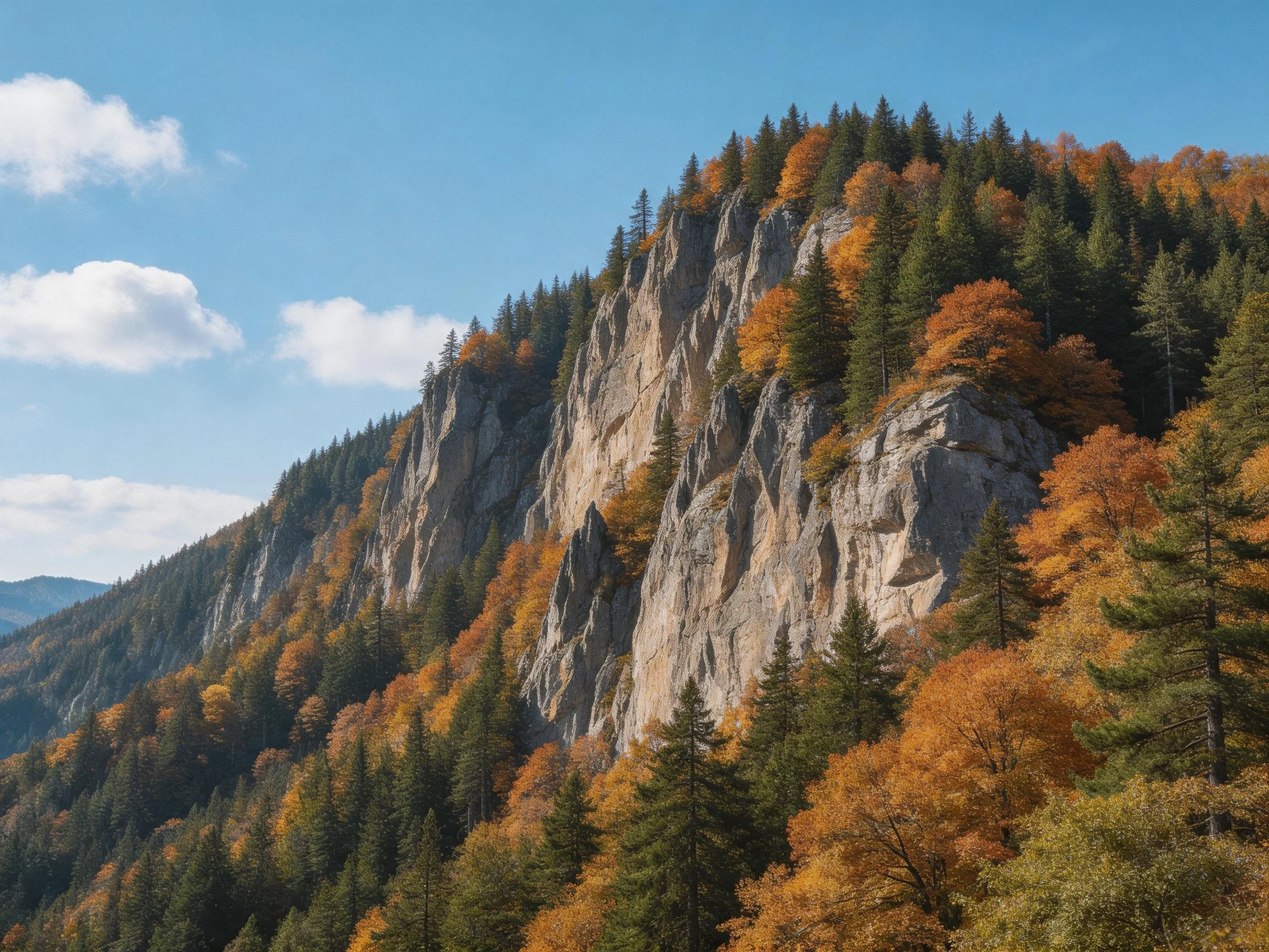 Rugged cliff face amid autumn forest under clear blue sky