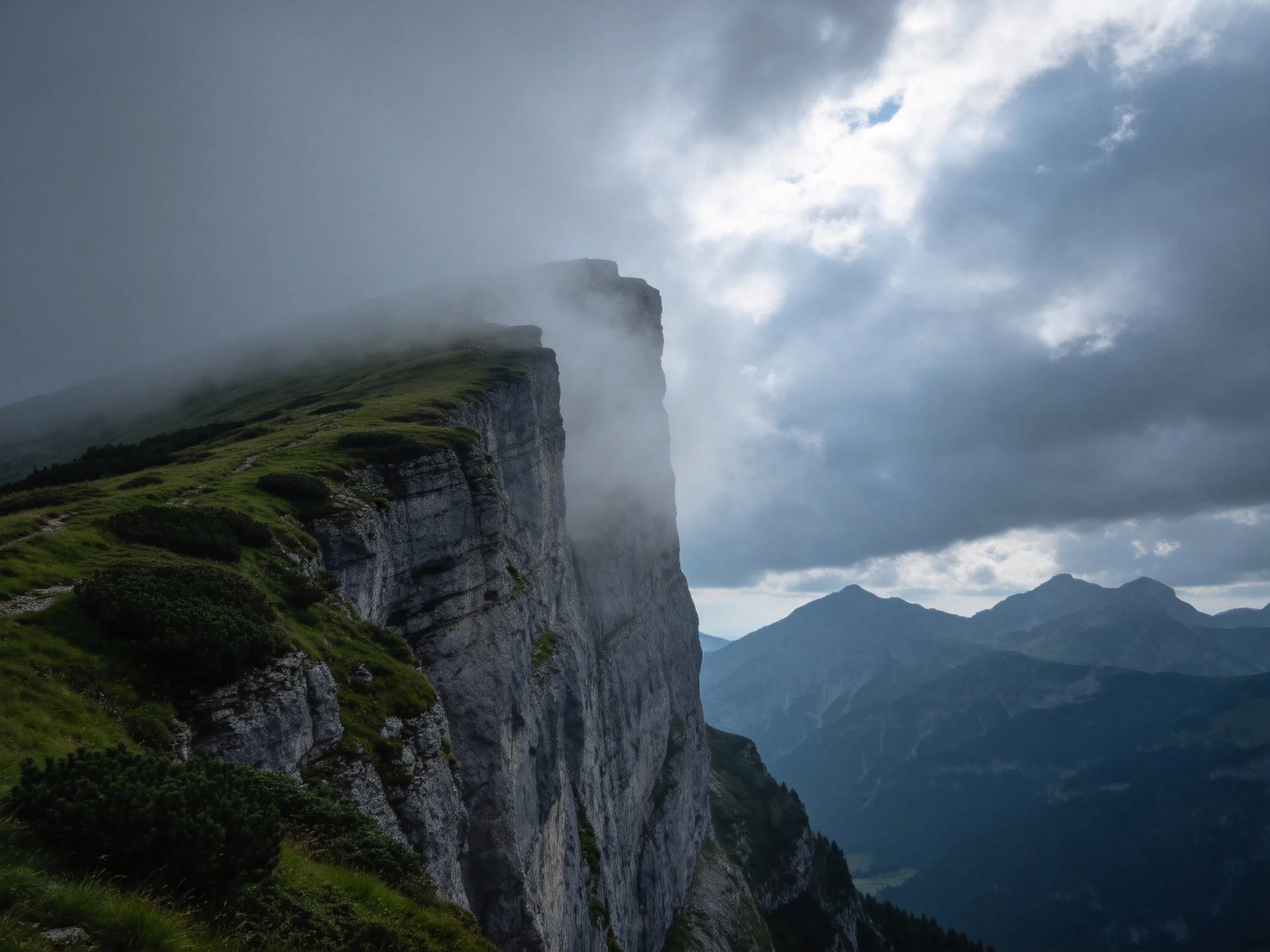 Rugged cliff with misty peak and cloudy mountain backdrop