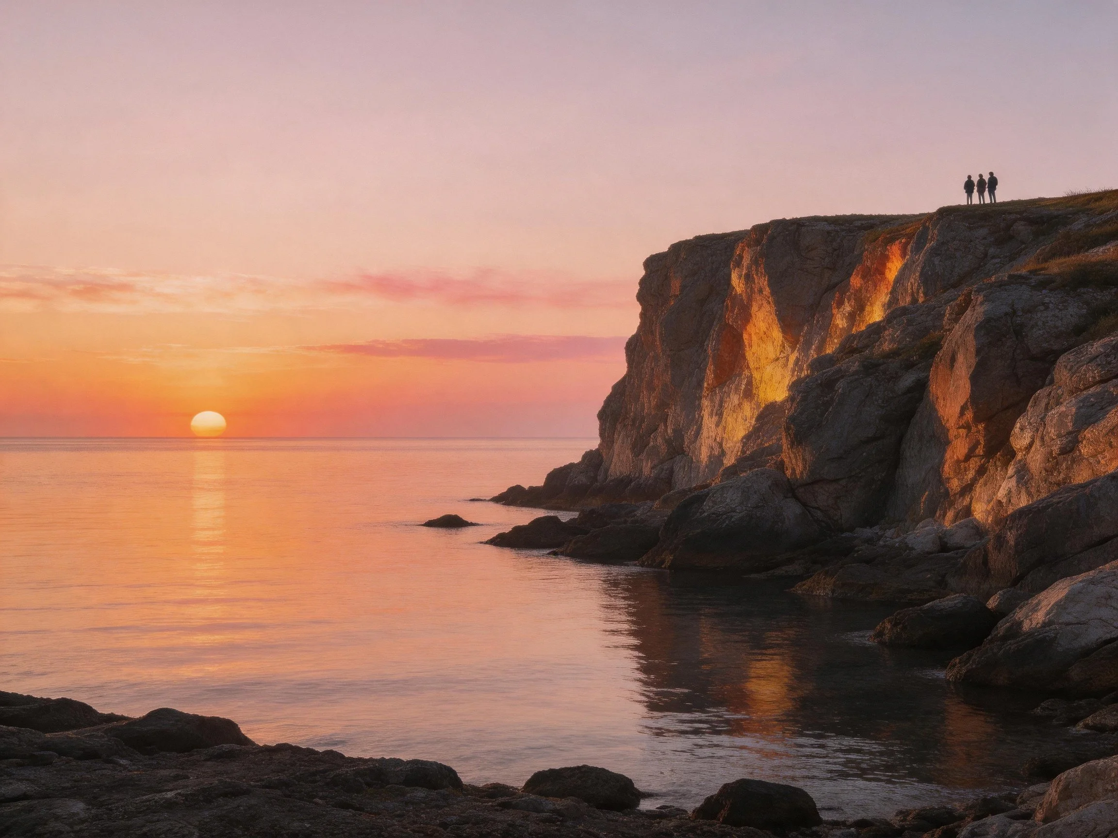 Rugged cliffs lit by warm sunset beside tranquil sea with distant figures