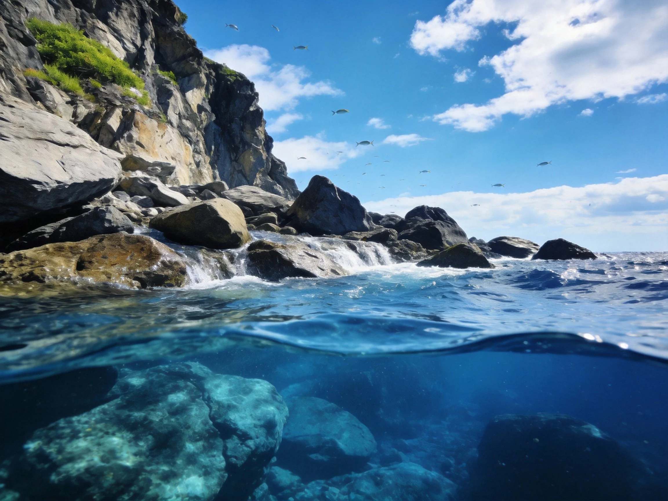 Rugged coastal cliffs meet clear turquoise waters under bright sky