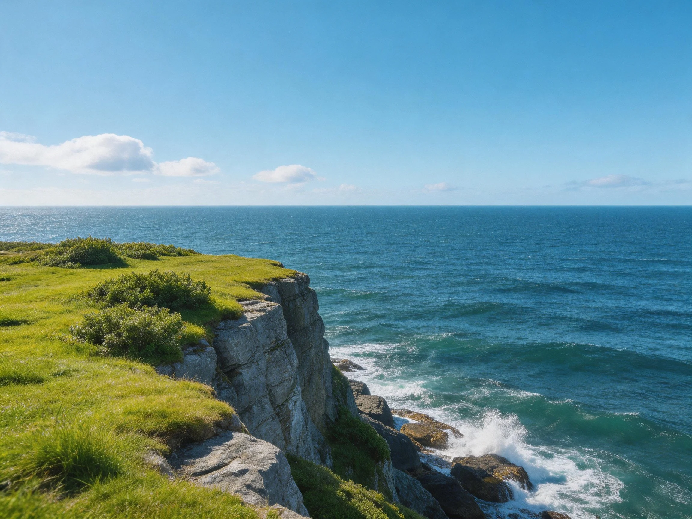 Rugged coastal cliffs meet turquoise ocean under bright blue sky