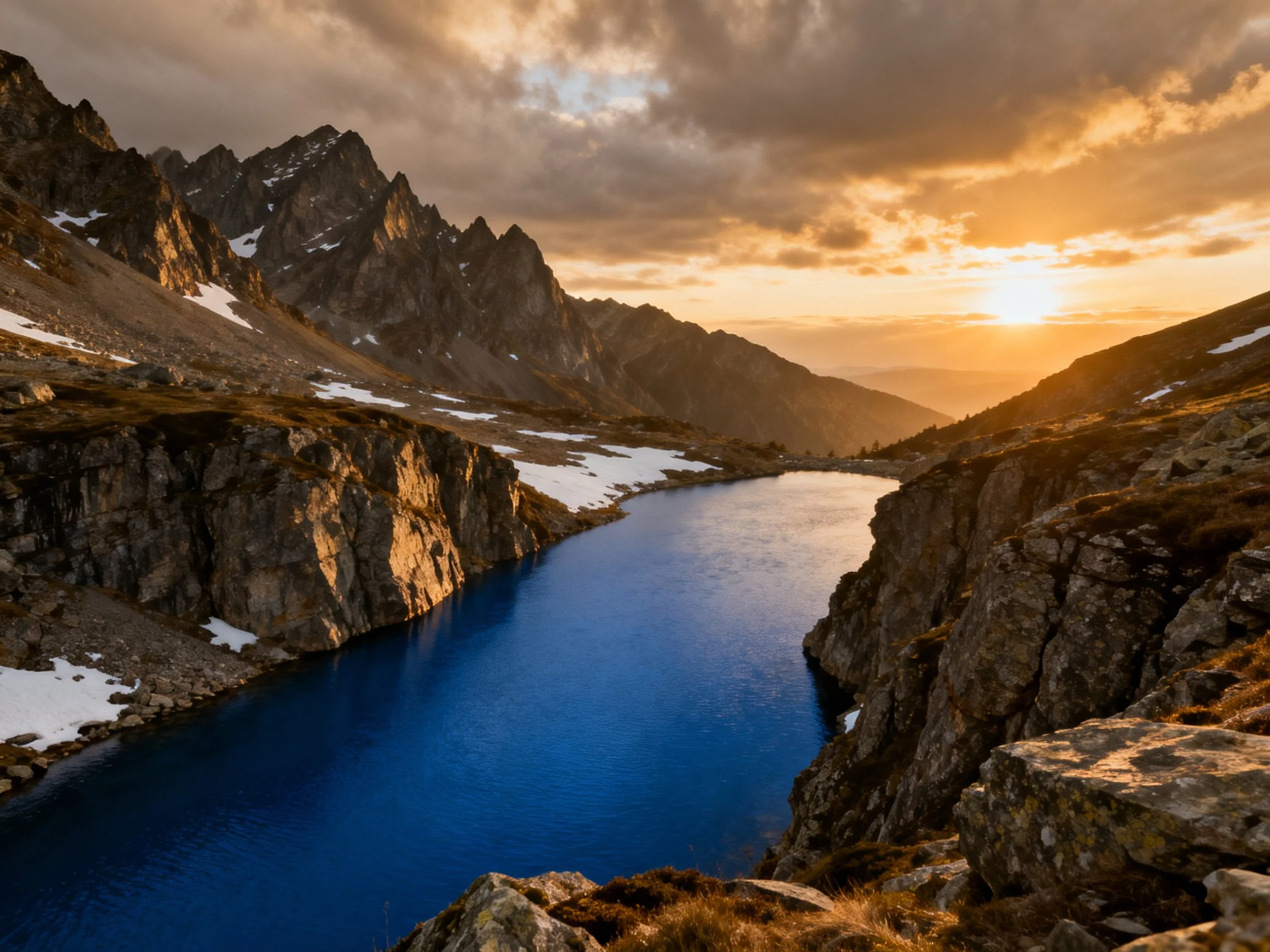 Rugged mountain peaks frame a deep blue alpine lake at sunset