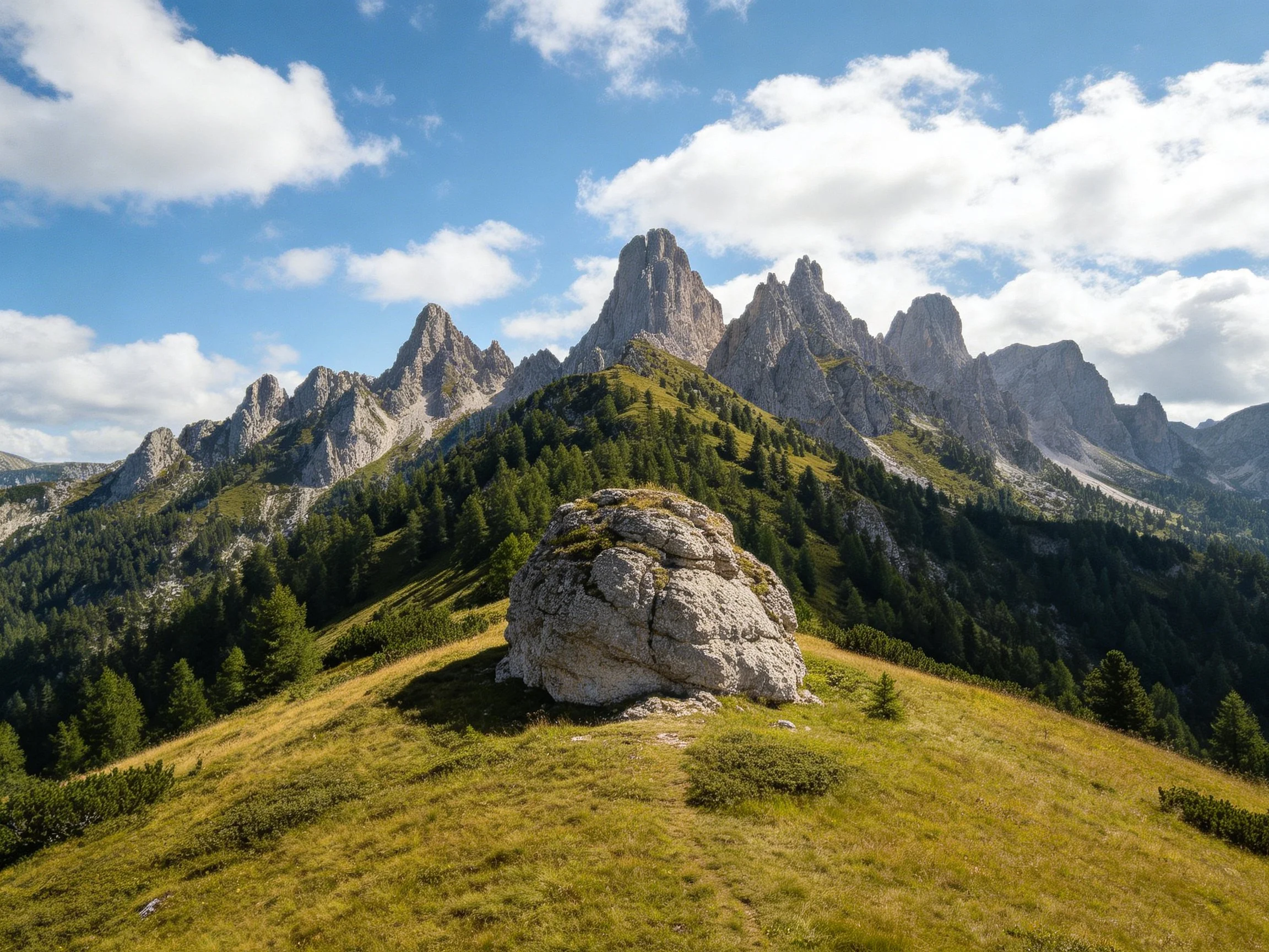 Rugged mountain peaks tower over a large rock on a grassy hillside