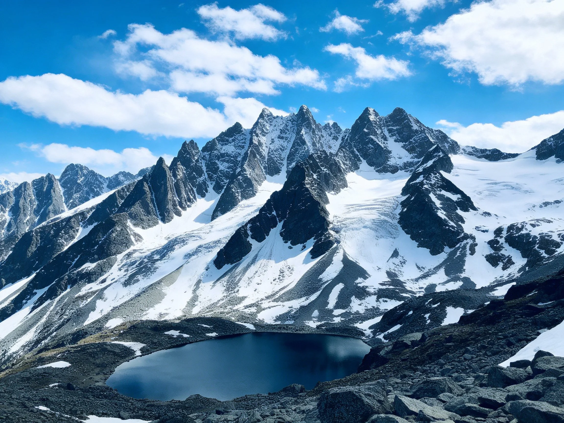 Rugged mountain peaks with snow caps and alpine lake
