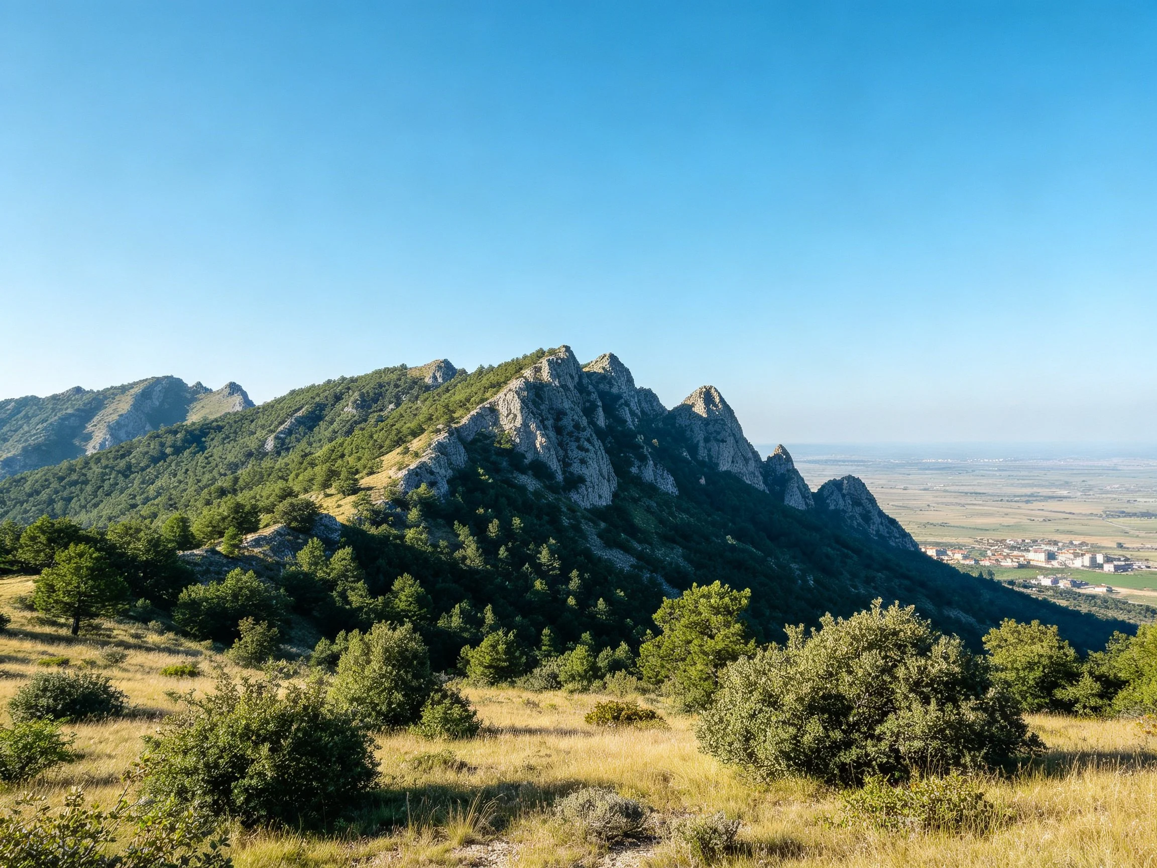 Rugged mountain range with rocky peaks and lush greenery
