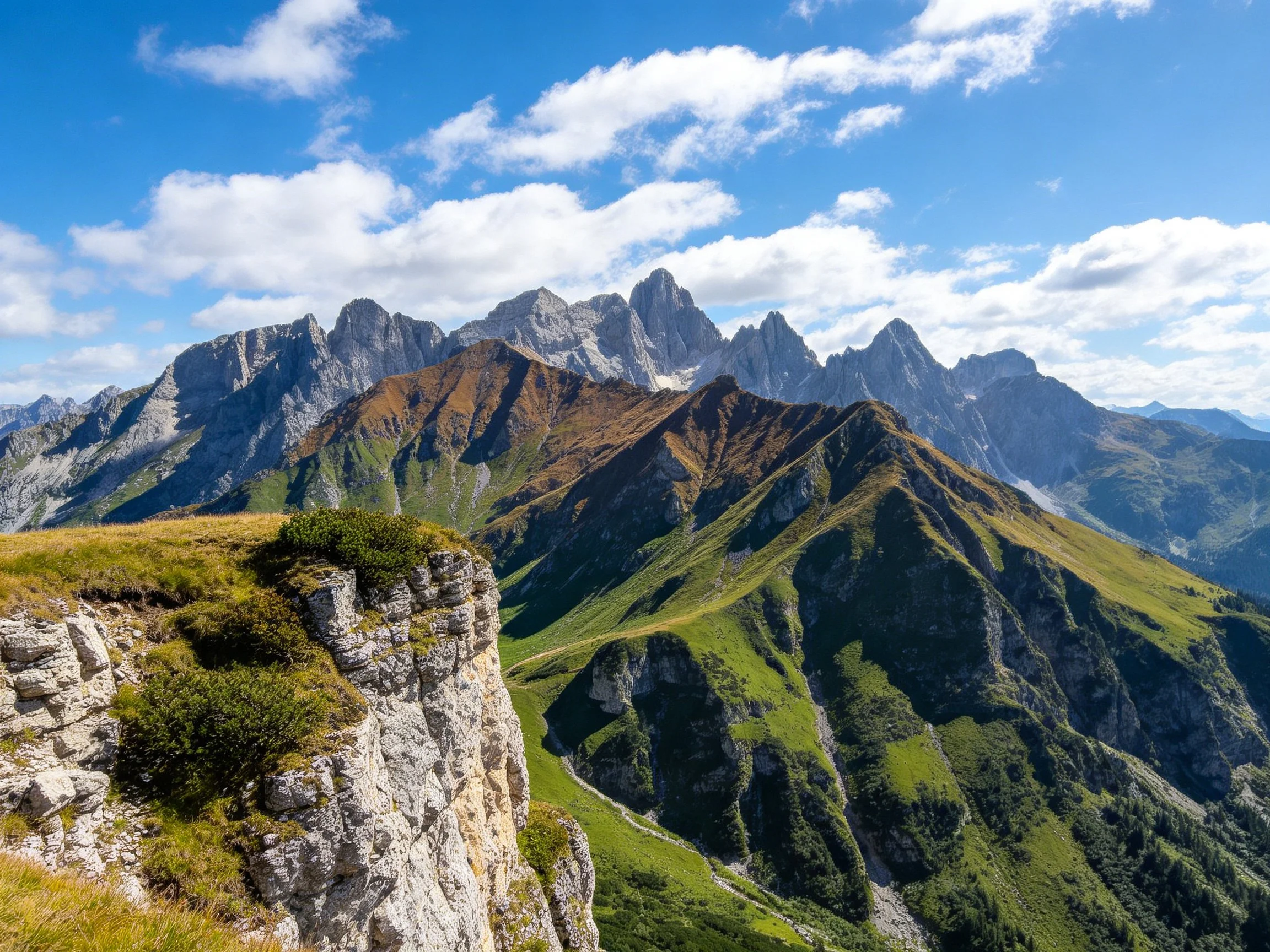Rugged rocky cliffs and lush green mountain slopes beneath bright blue skies
