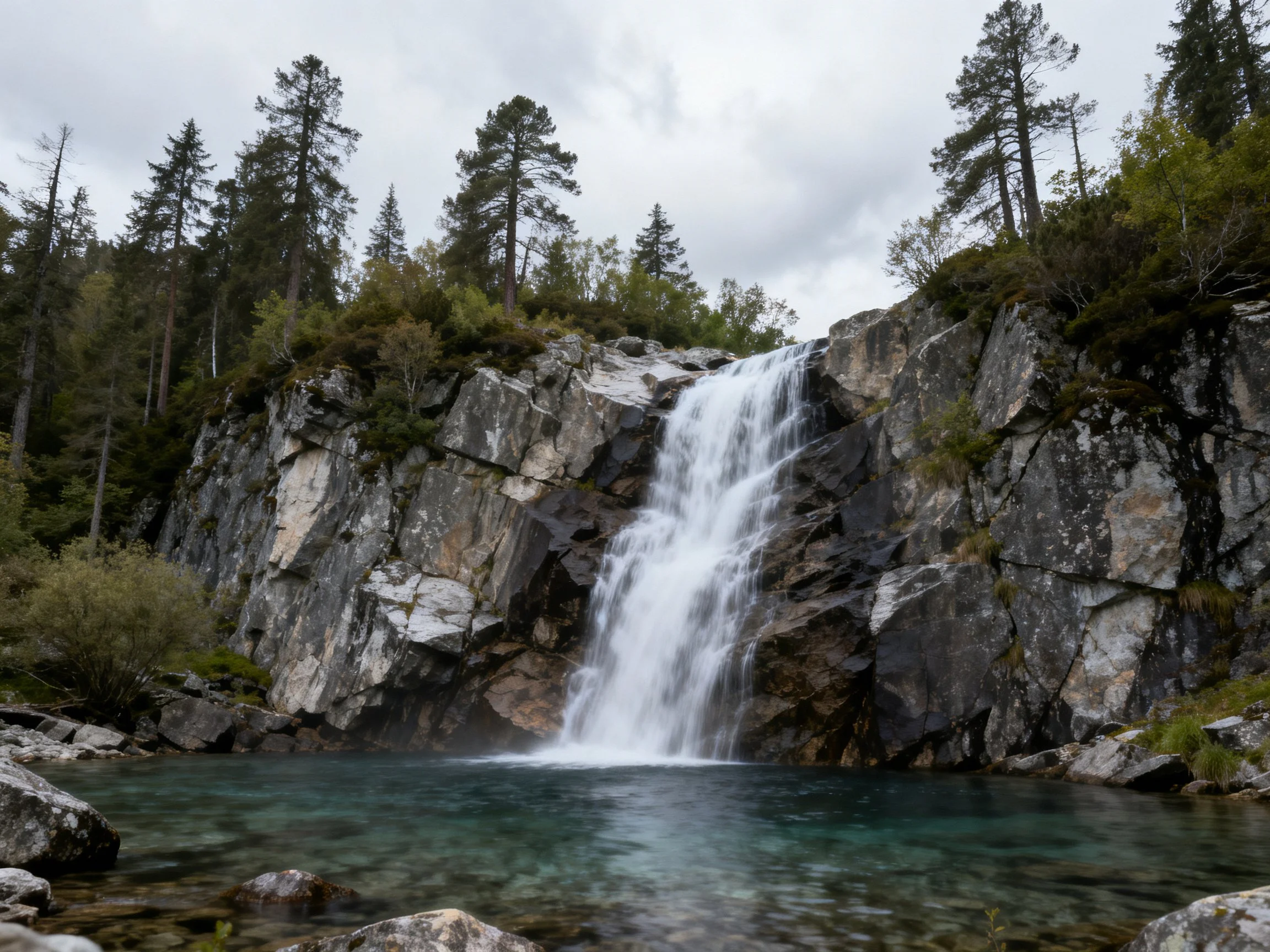 Rugged rocky waterfall cascades into turquoise waters amid tall evergreens
